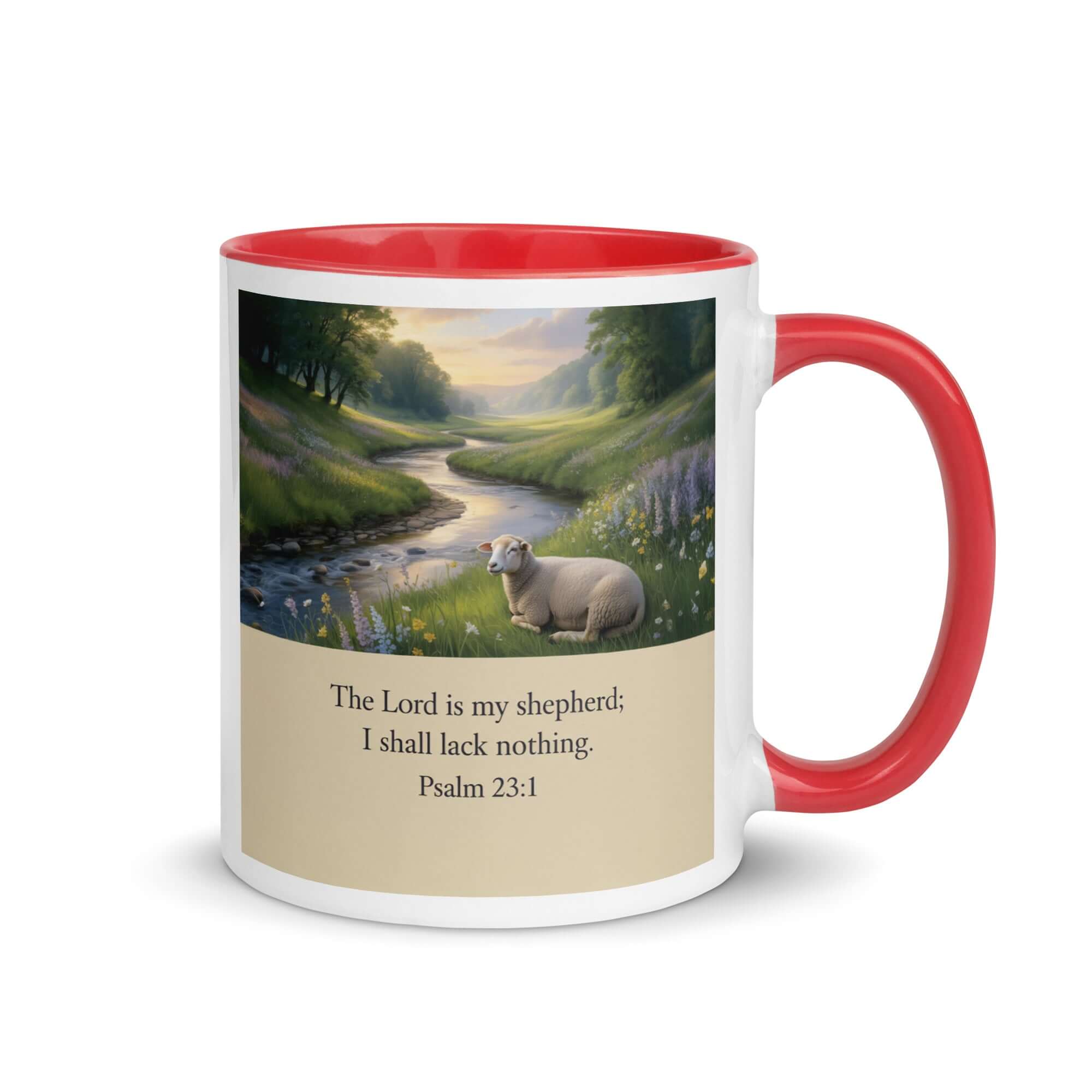 Psalm 23:1 Bible Verse, I shall White Ceramic Mug with Color Inside Red 11 oz