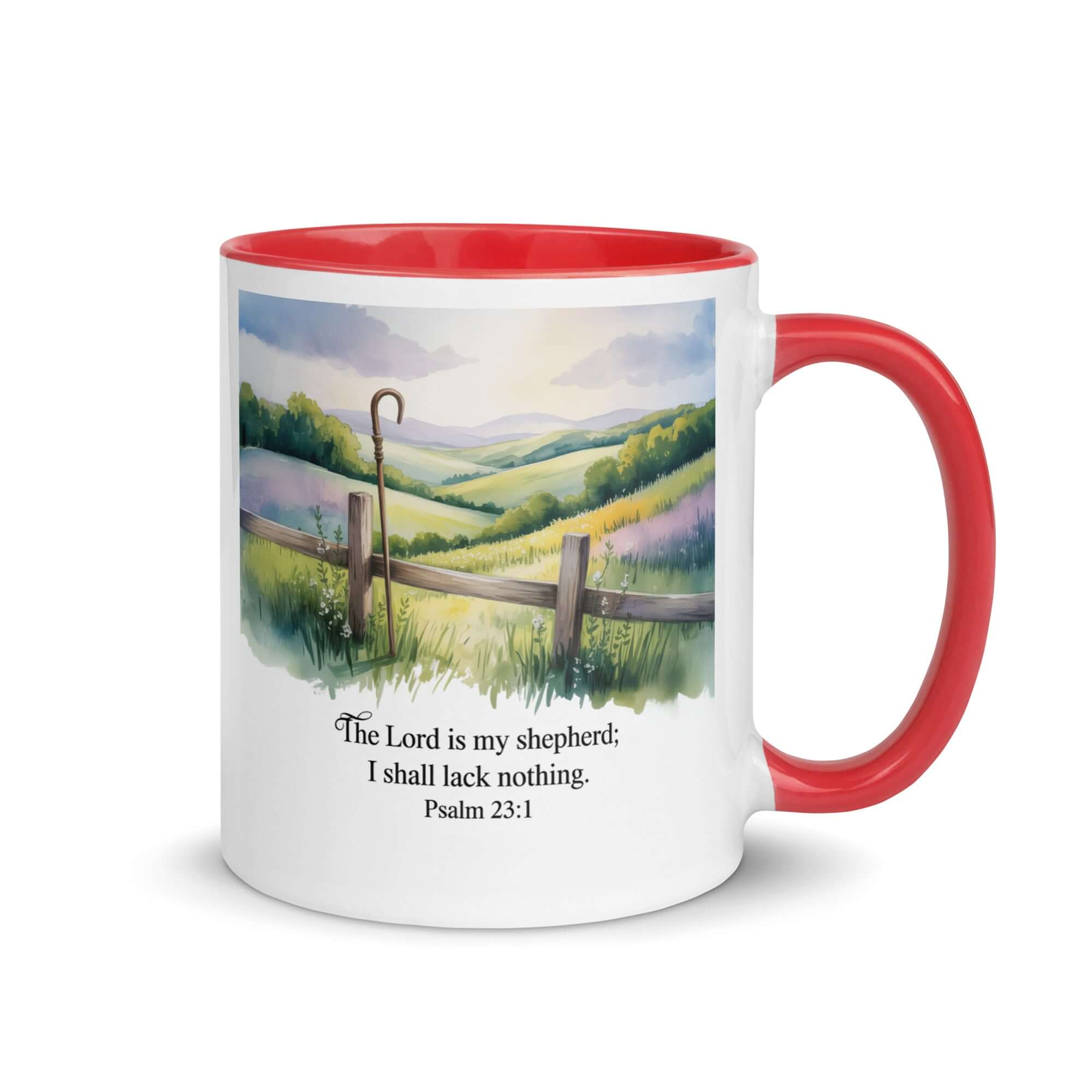 Psalm 23:1 Bible Verse, Lack White Ceramic Mug with Color Inside Red 11 oz