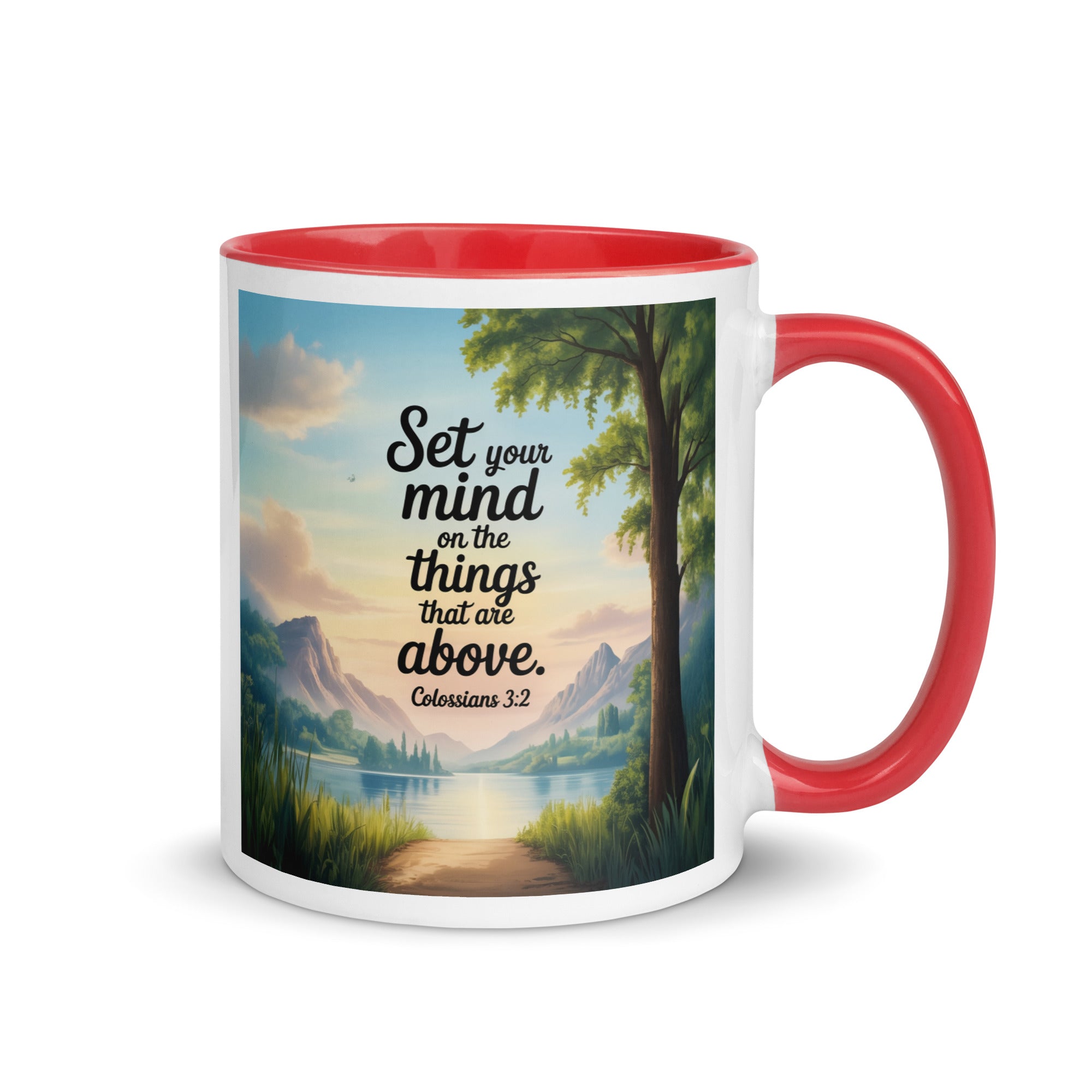 Colossians 3:2 Bible Verse Set White Ceramic Mug with Color Inside Red 11 oz