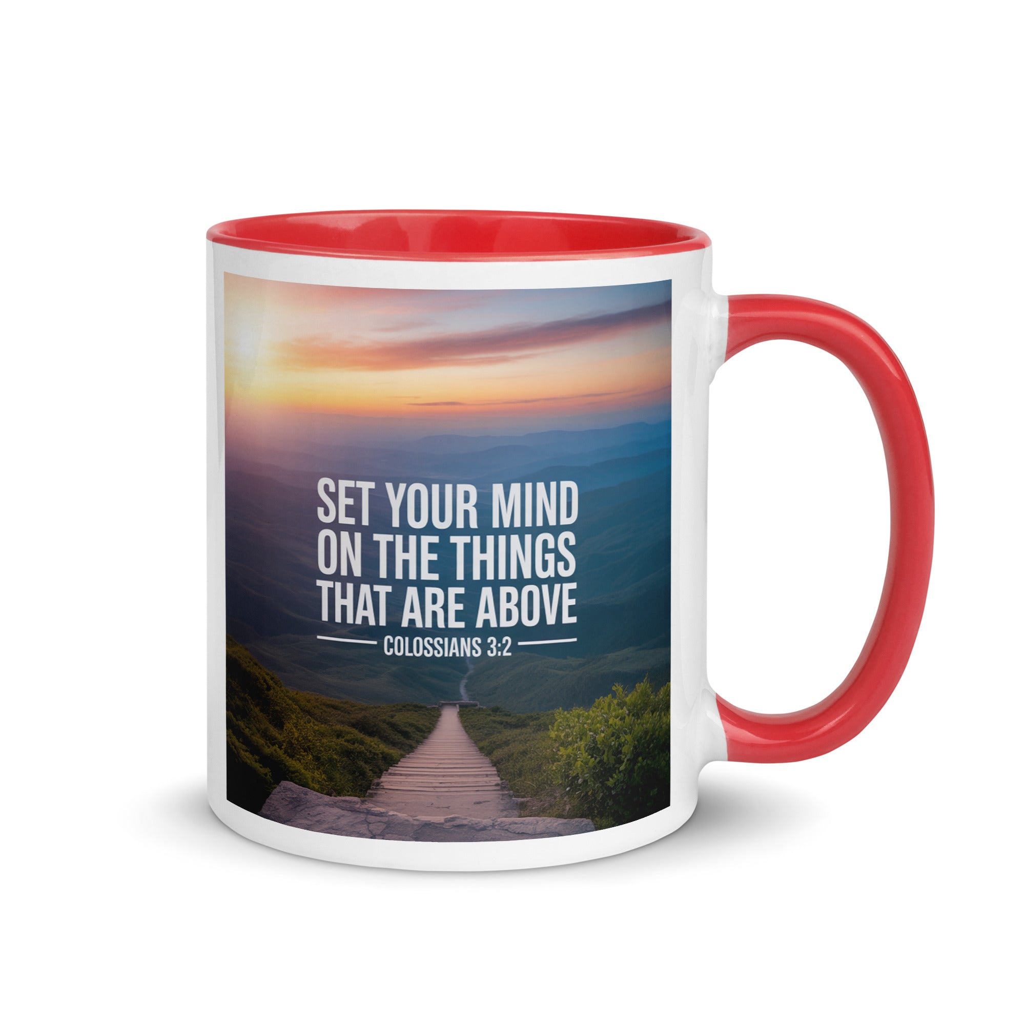 Colossians 3:2 Bible Verse your mind White Ceramic Mug with Color Inside Red 11 oz