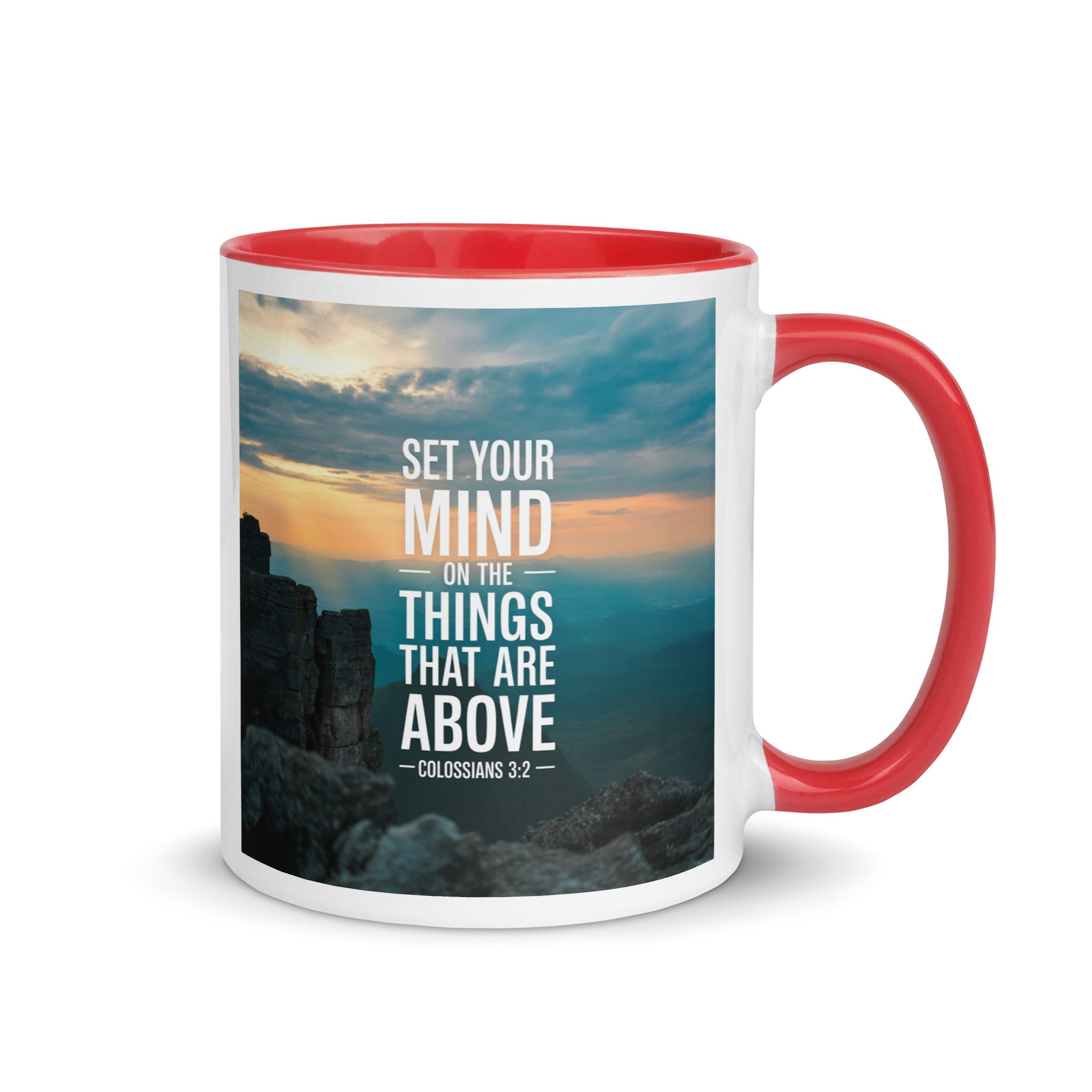 Colossians 3:2 Bible Verse on the White Ceramic Mug with Color Inside Red 11 oz