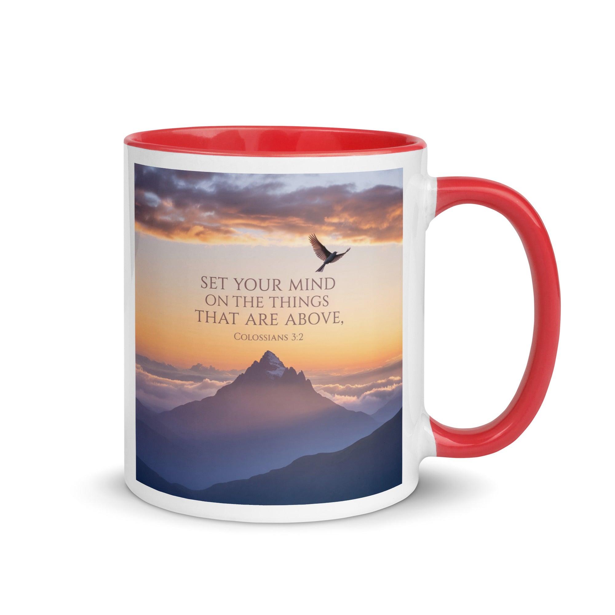 Colossians 3:2 Bible Verse are above White Ceramic Mug with Color Inside Red 11 oz