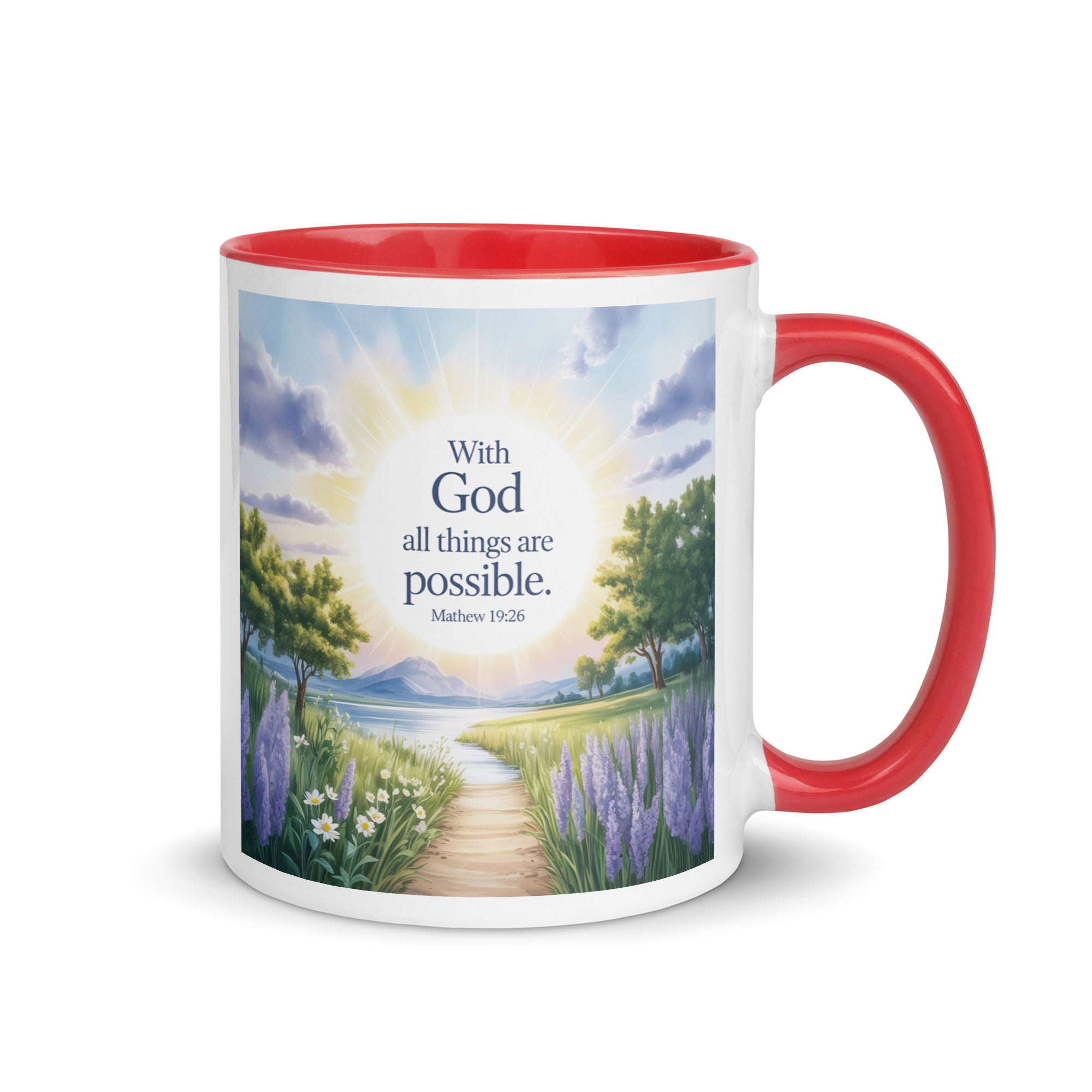 Matthew 19:26 Bible Verse Looking at White Ceramic Mug with Color Inside Red 11 oz
