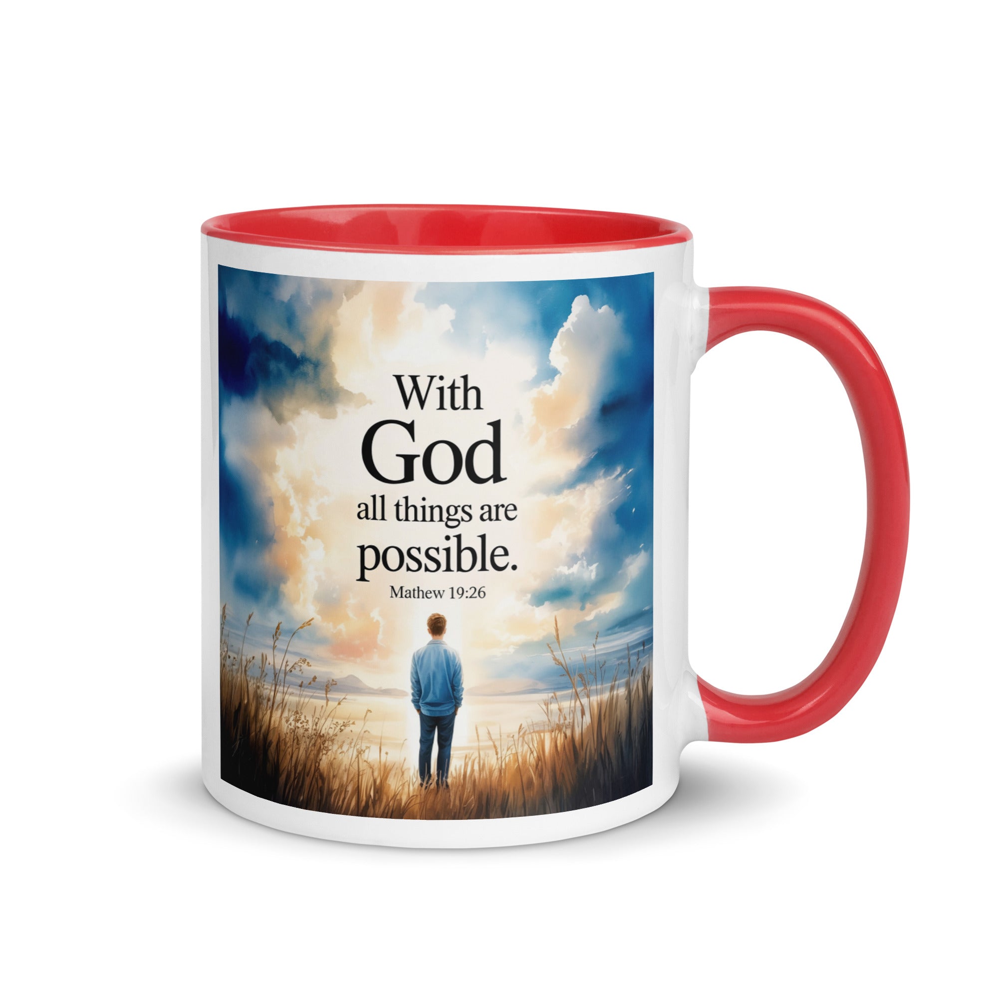 Matthew 19:26 Bible Verse Jesus White Ceramic Mug with Color Inside Red 11 oz