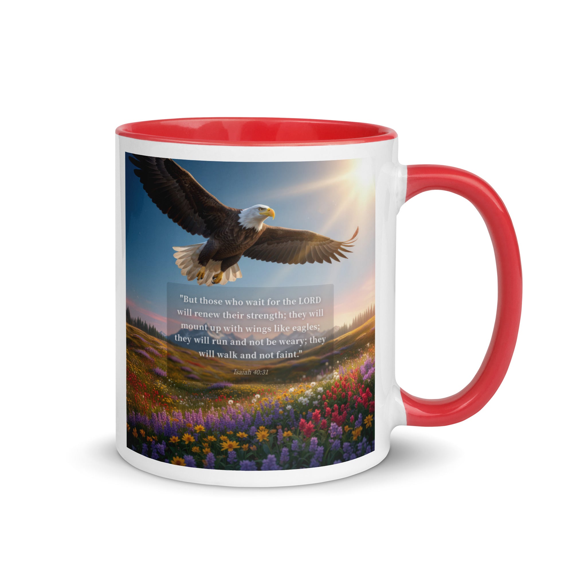 Isaiah 40:31 Bible Verse Who Wait White Ceramic Mug with Color Inside Red 11 oz