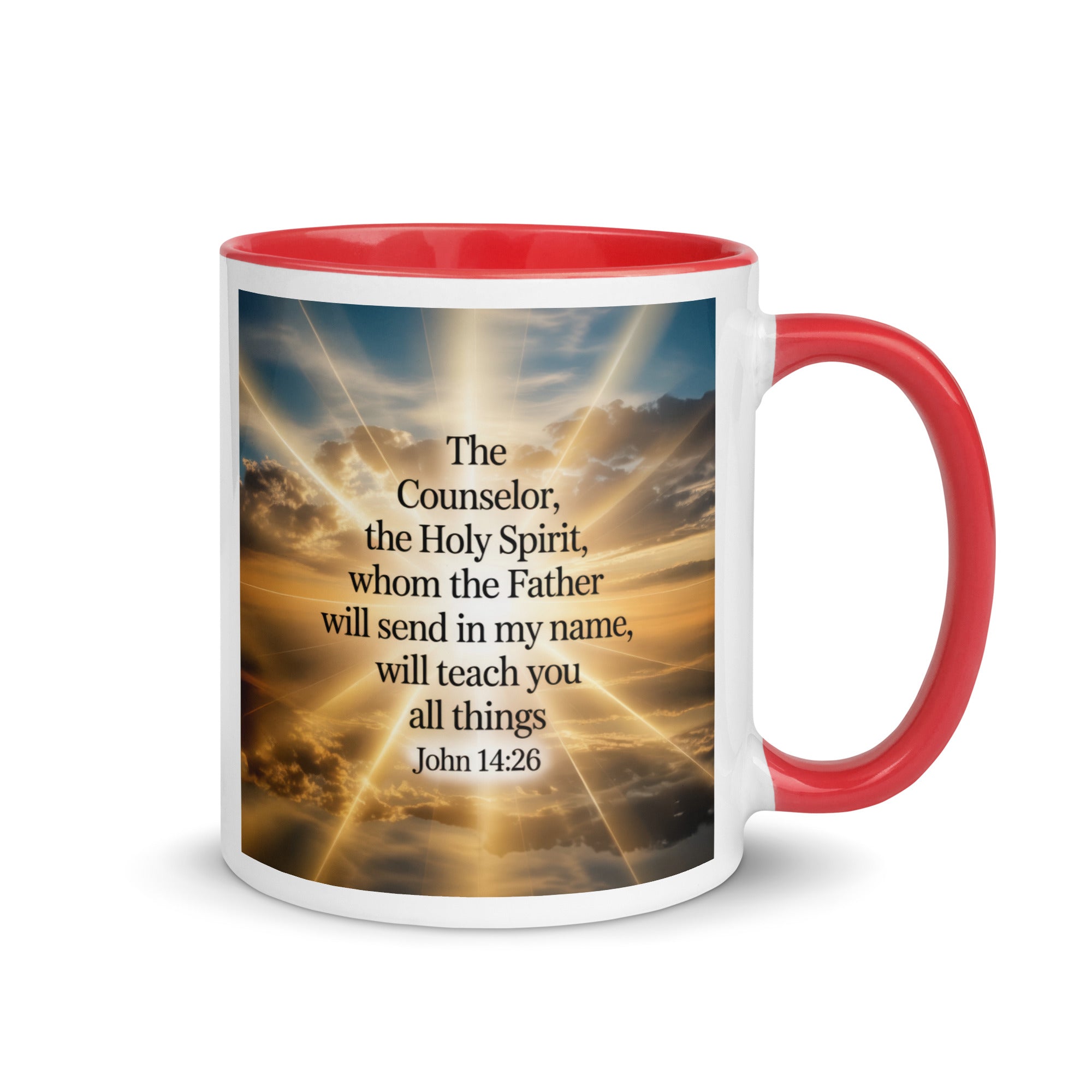 John 14:26 Bible Verse will send White Ceramic Mug with Color Inside Red 11 oz
