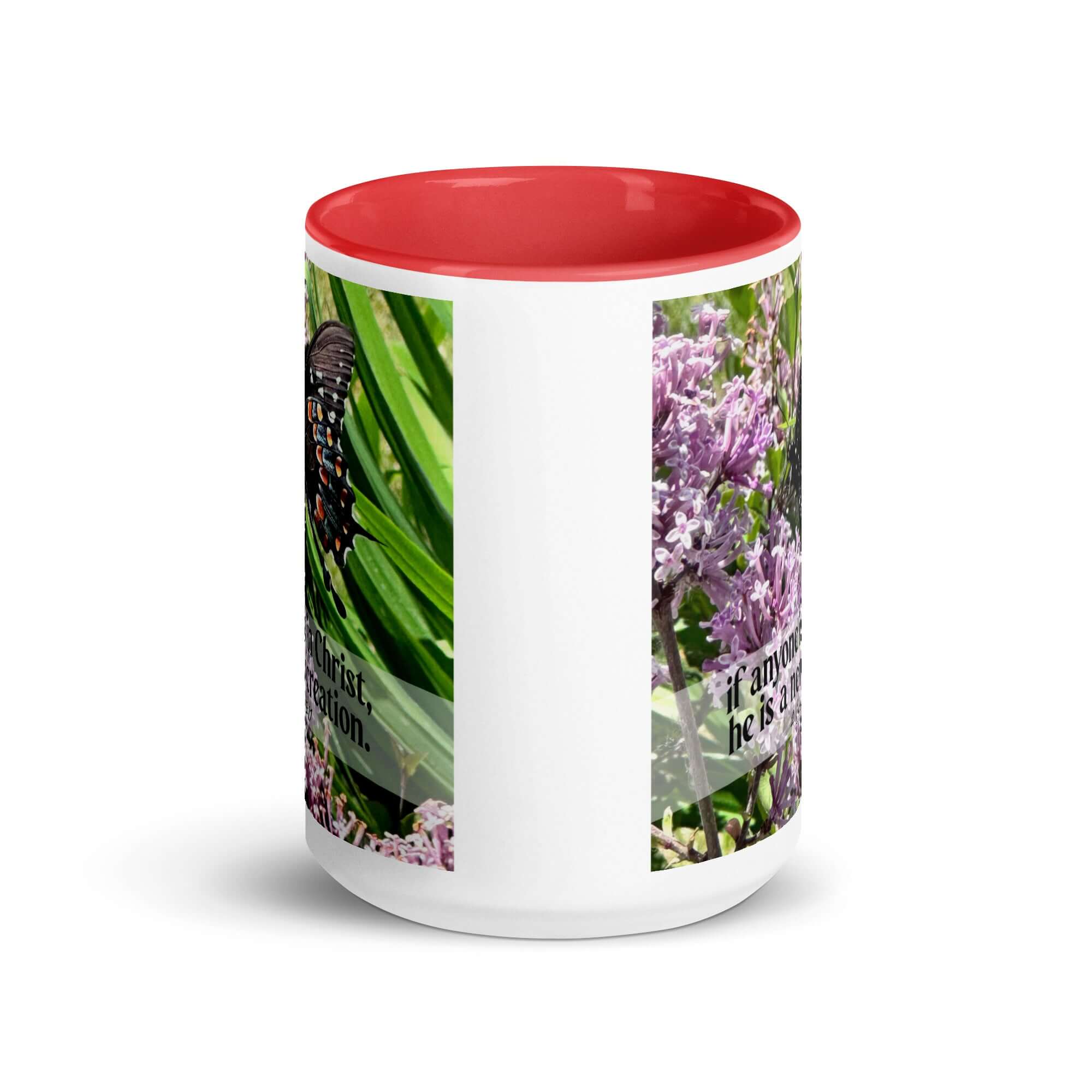 2 Corinthians 5:17 Bible Verse, Butterfly White Ceramic Mug with Color Inside