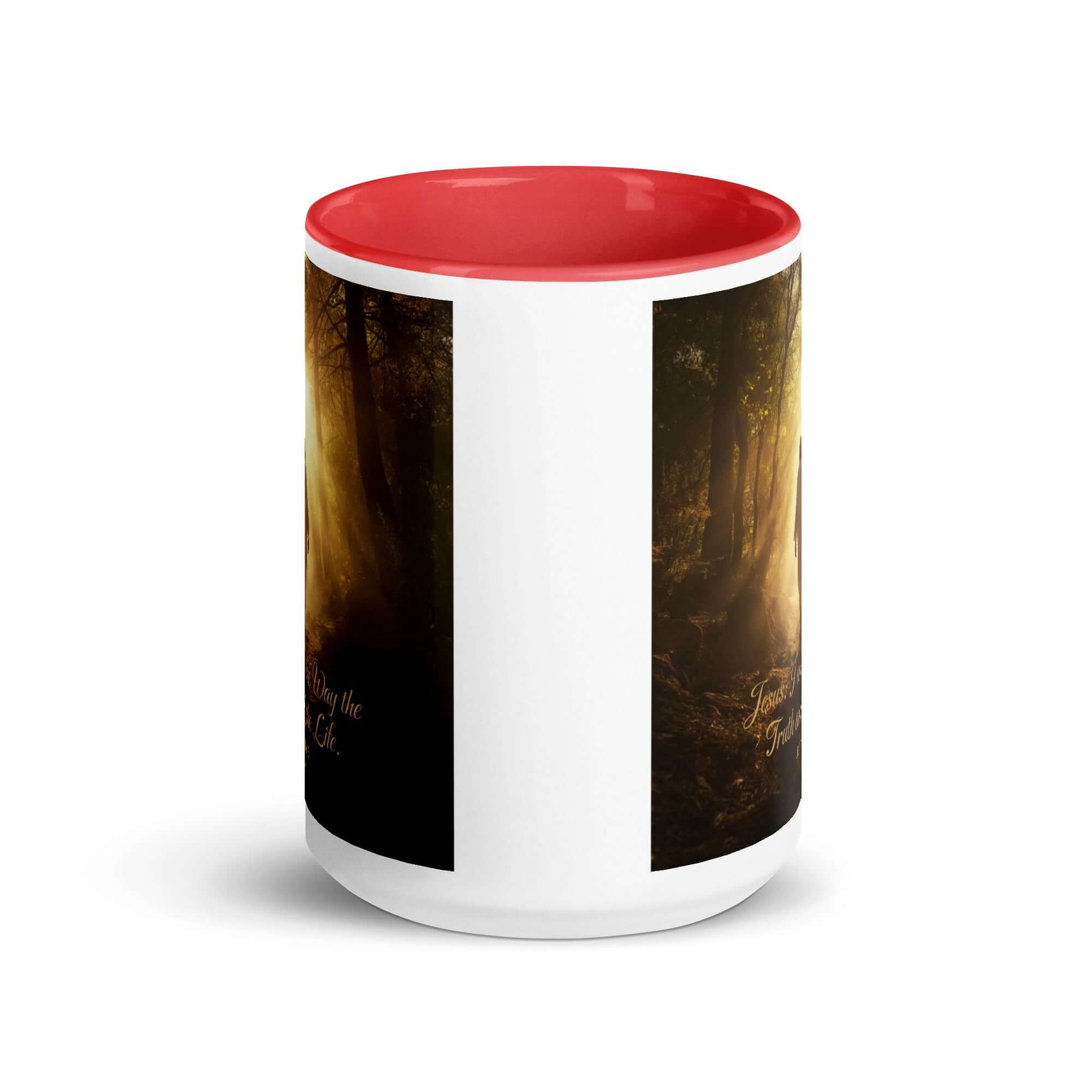John 14:6 Bible Verse, Forest Image White Ceramic Mug with Color Inside