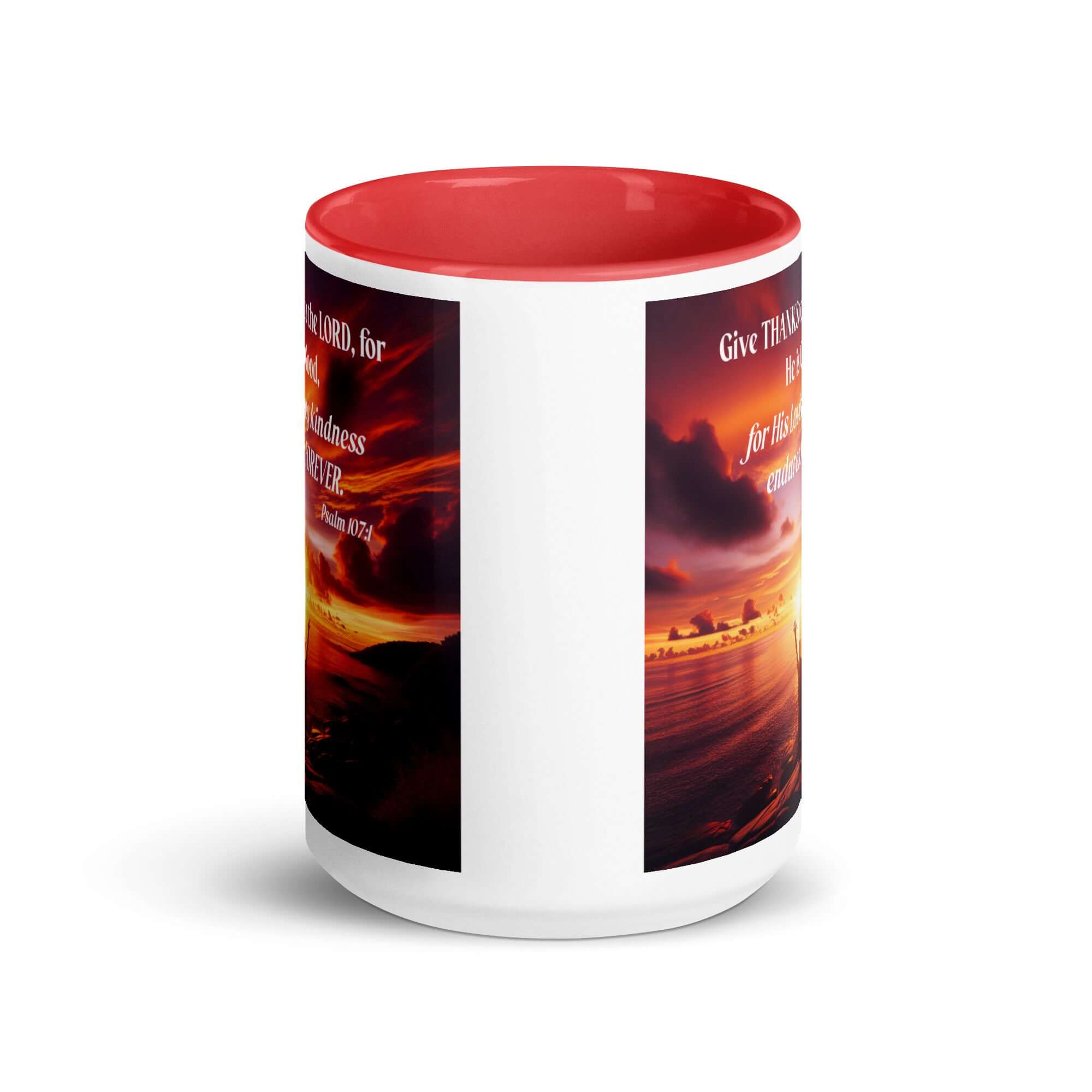 Psalm 107:1 Bible Verse, Give Thanks to the Lord White Ceramic Mug with Color Inside