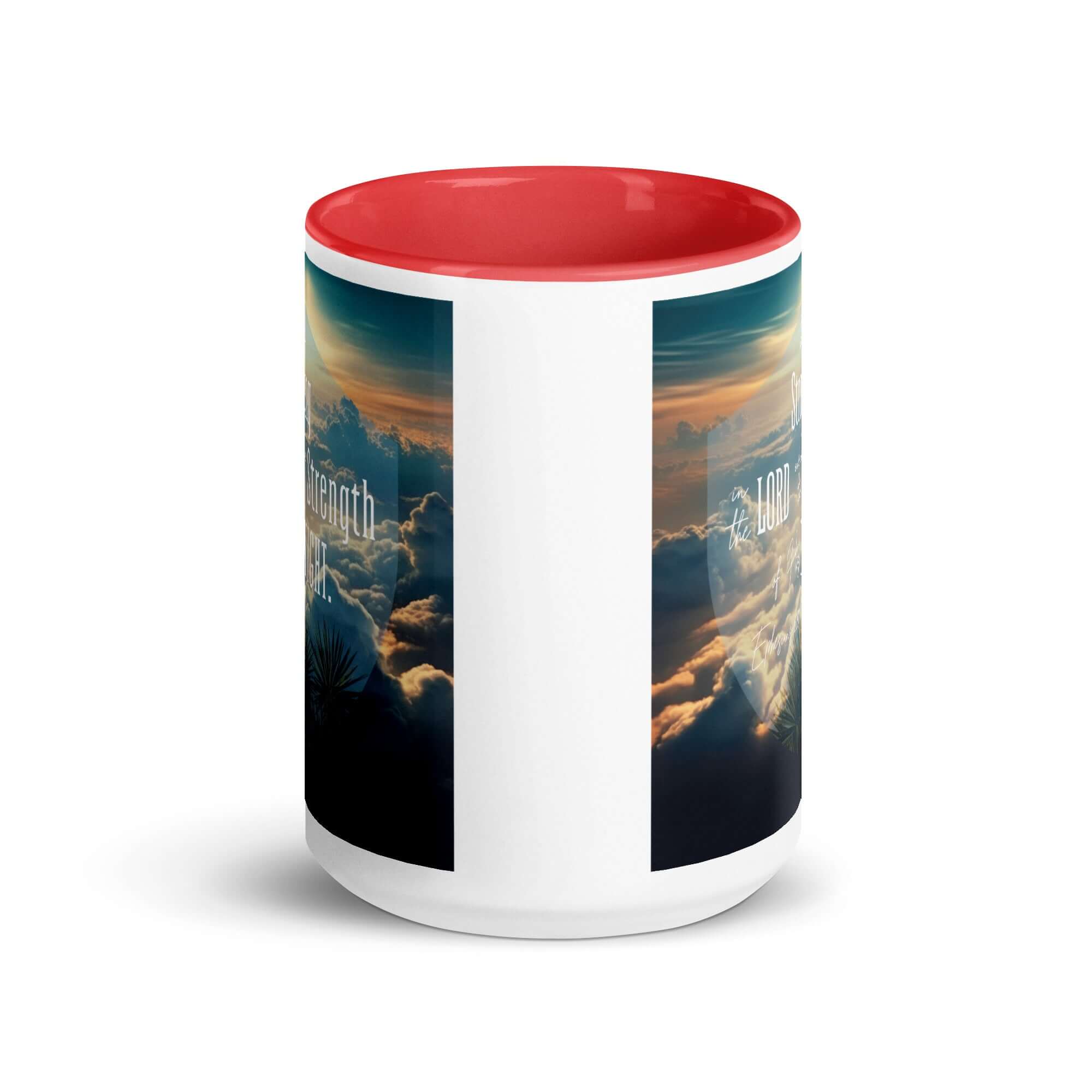 Ephesians 6:10 Bible Verse, be strong in the Lord White Ceramic Mug with Color Inside