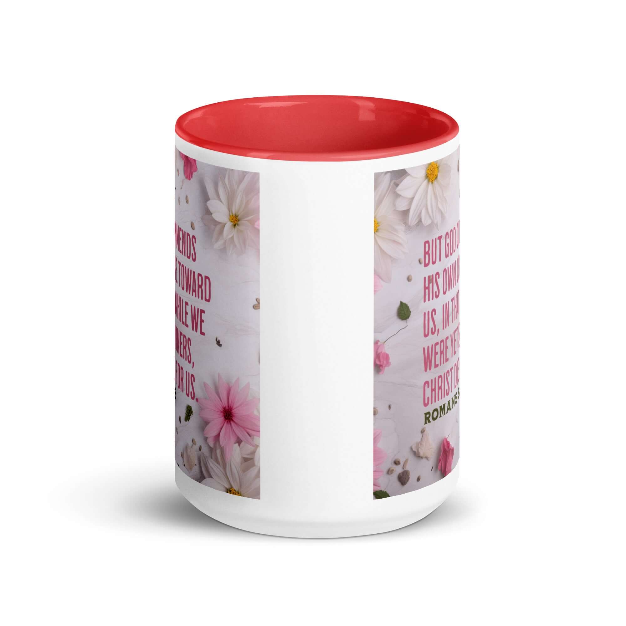 Romans 5:8 Bible Verse, Christ Died for Us White Ceramic Mug with Color Inside