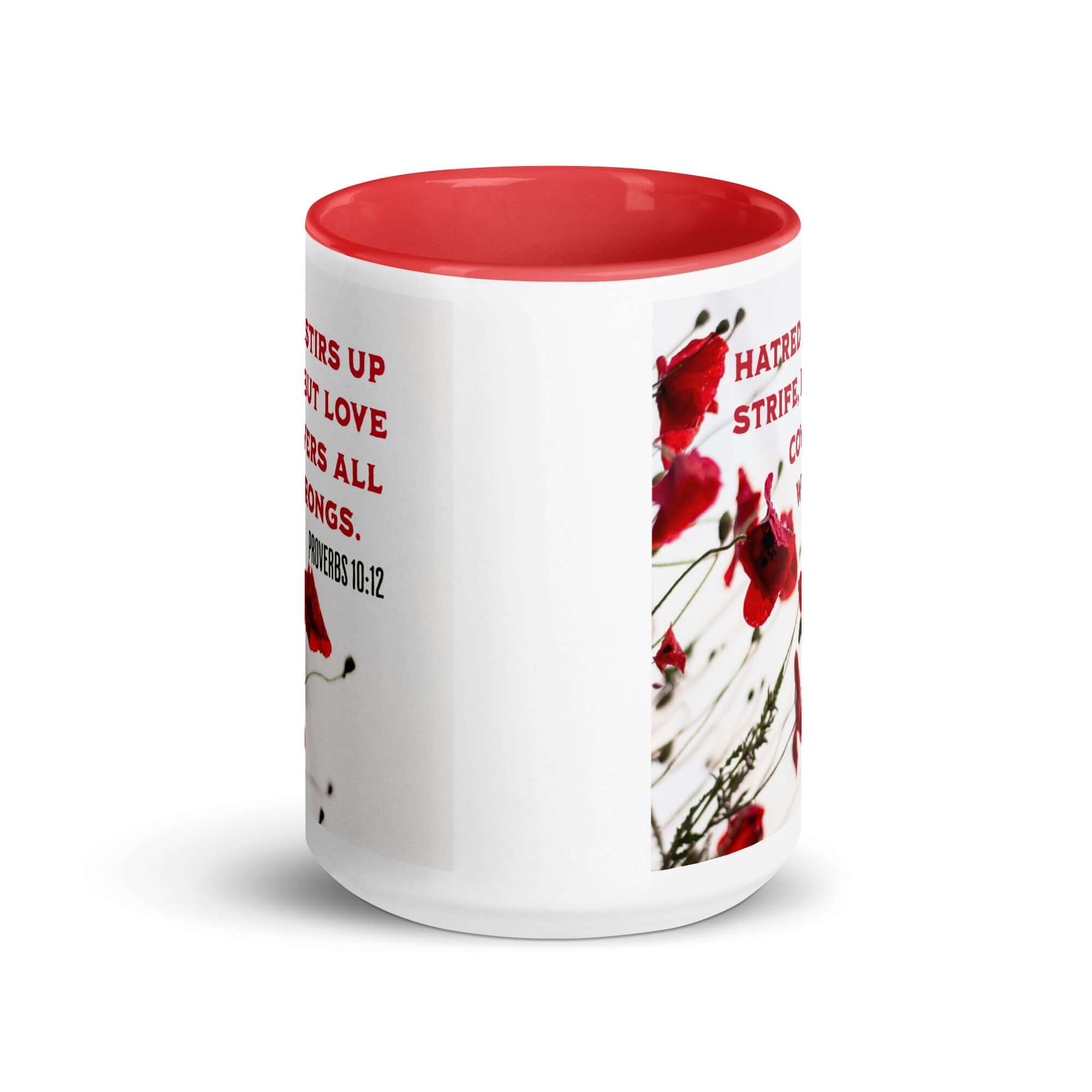 Proverbs 10:12 Bible Verse, Love Covers All White Ceramic Mug with Color Inside