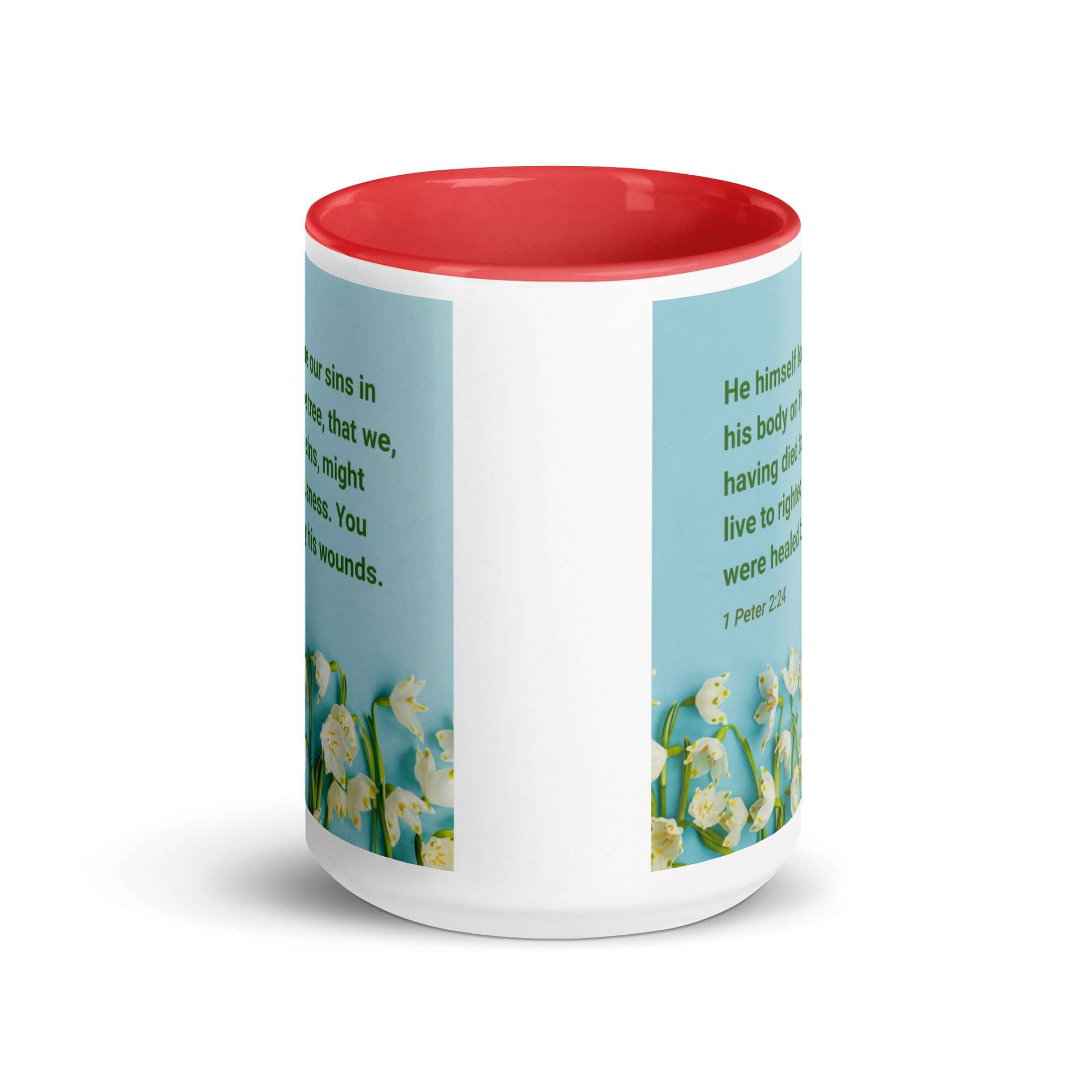 1 Peter 2:24 Bible Verse, healed by His wounds White Ceramic Mug with Color Inside