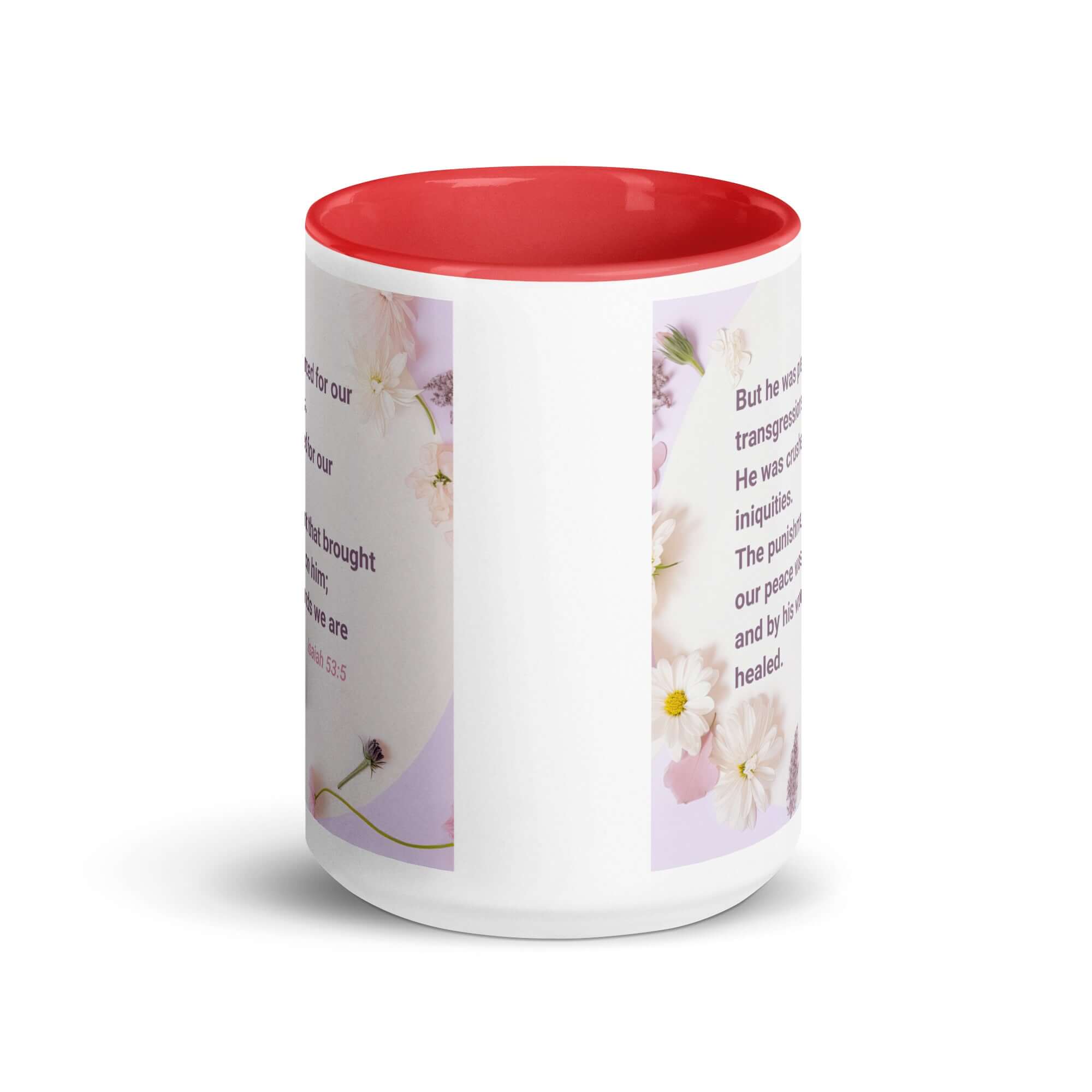Isaiah 53:5 Bible Verse, by his wounds White Ceramic Mug with Color Inside