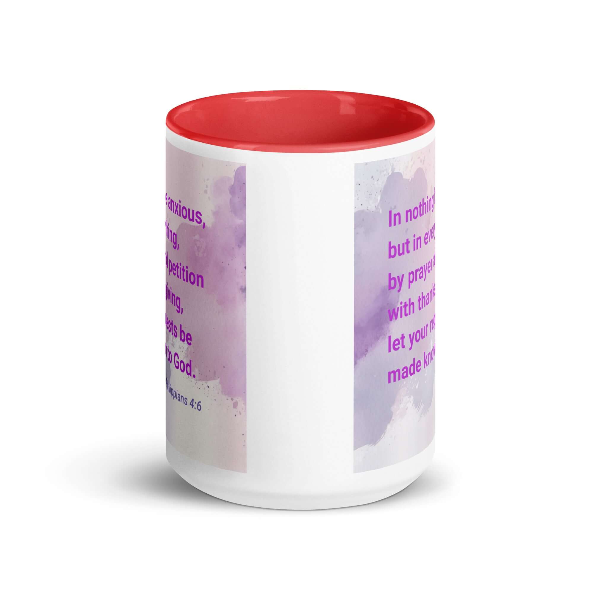Philippians 4:6 Bible Verse, Prayer and Petition White Ceramic Mug with Color Inside