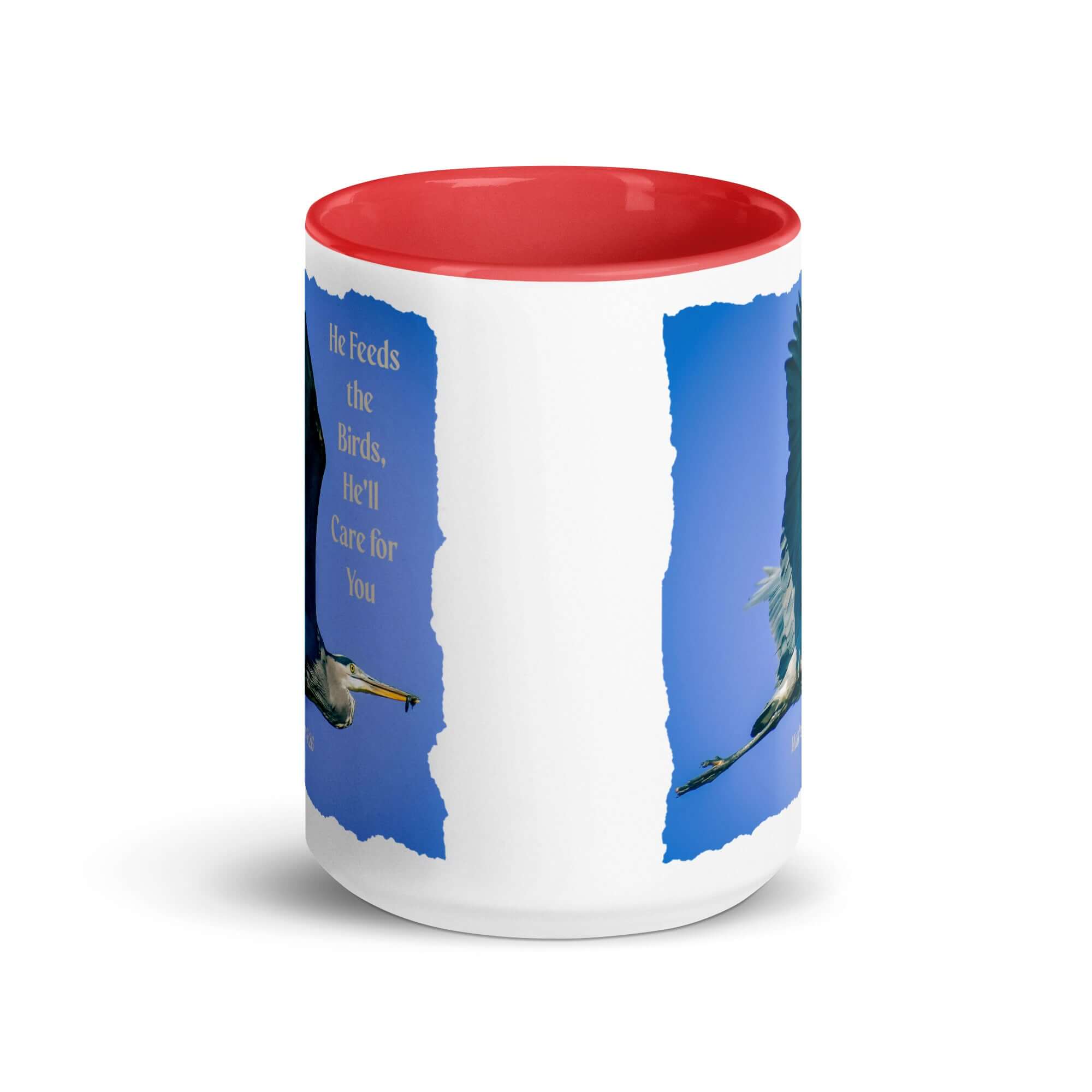 Matthew 6:26 Graceful Heron, He'll Care for You White Ceramic Mug with Color Inside