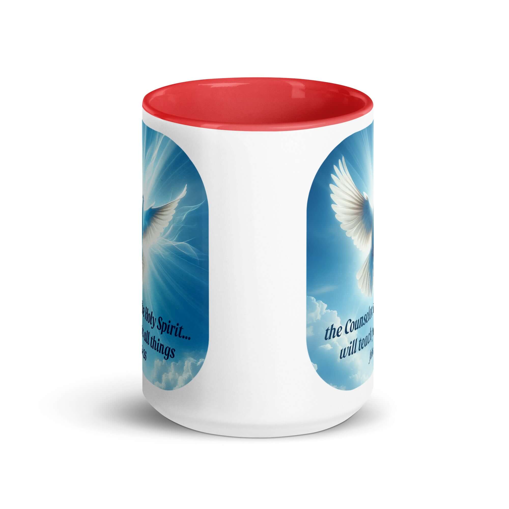 John 14:26 Bible Verse, Holy Spirit Dove White Ceramic Mug with Color Inside
