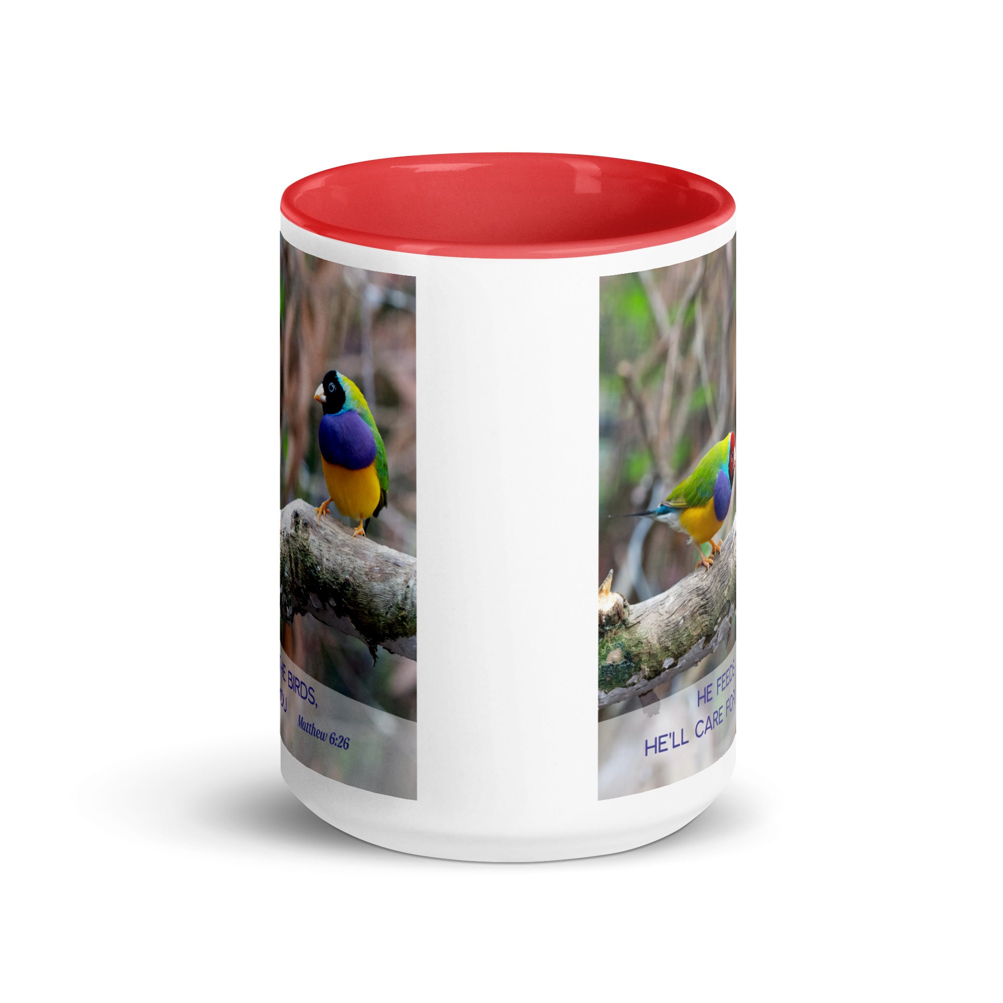 Matthew 6:26 Gouldian Finches, He'll Care for You White Ceramic Mug with Color Inside