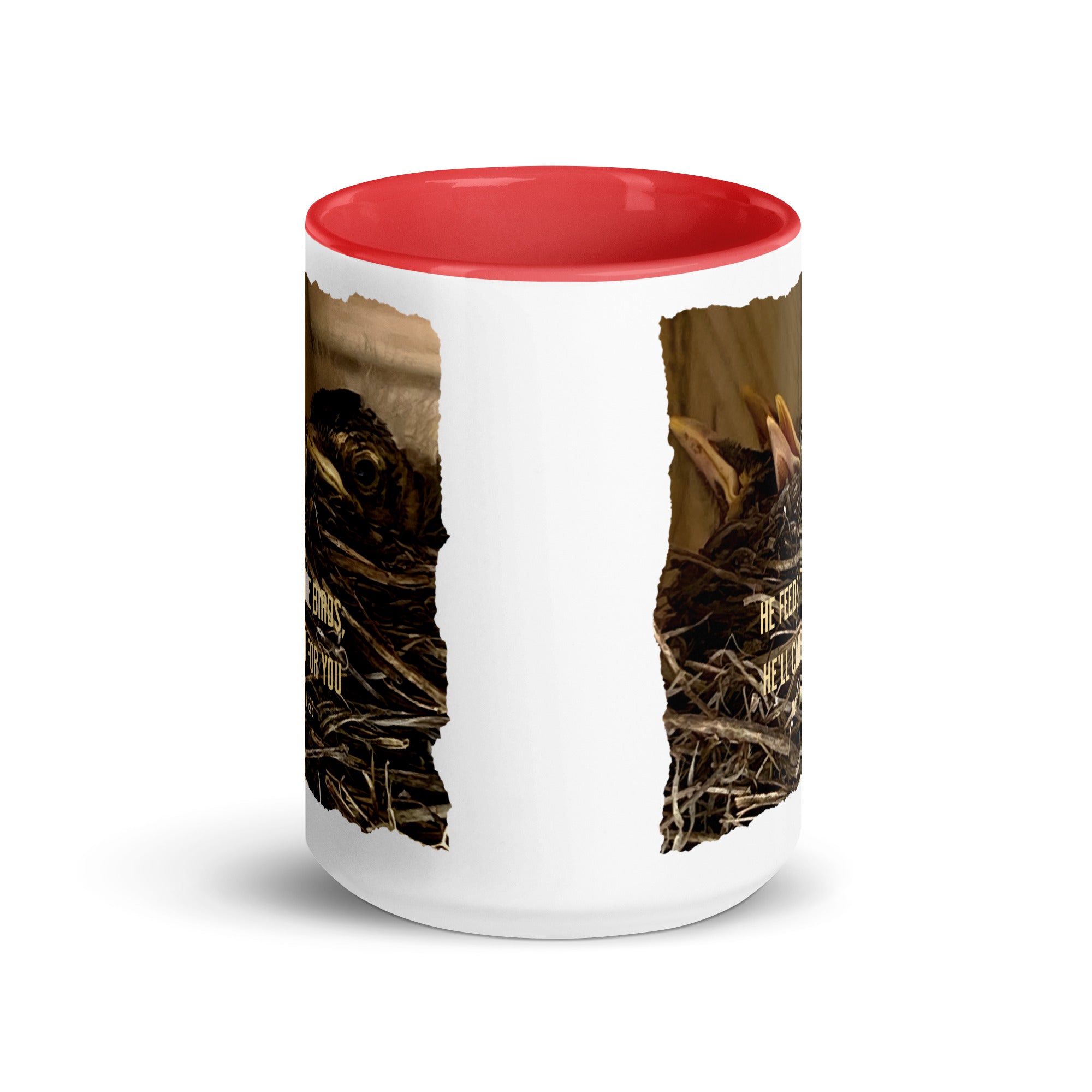 Matthew 6:26 Baby Robins, He'll Care for You White Ceramic Mug with Color Inside
