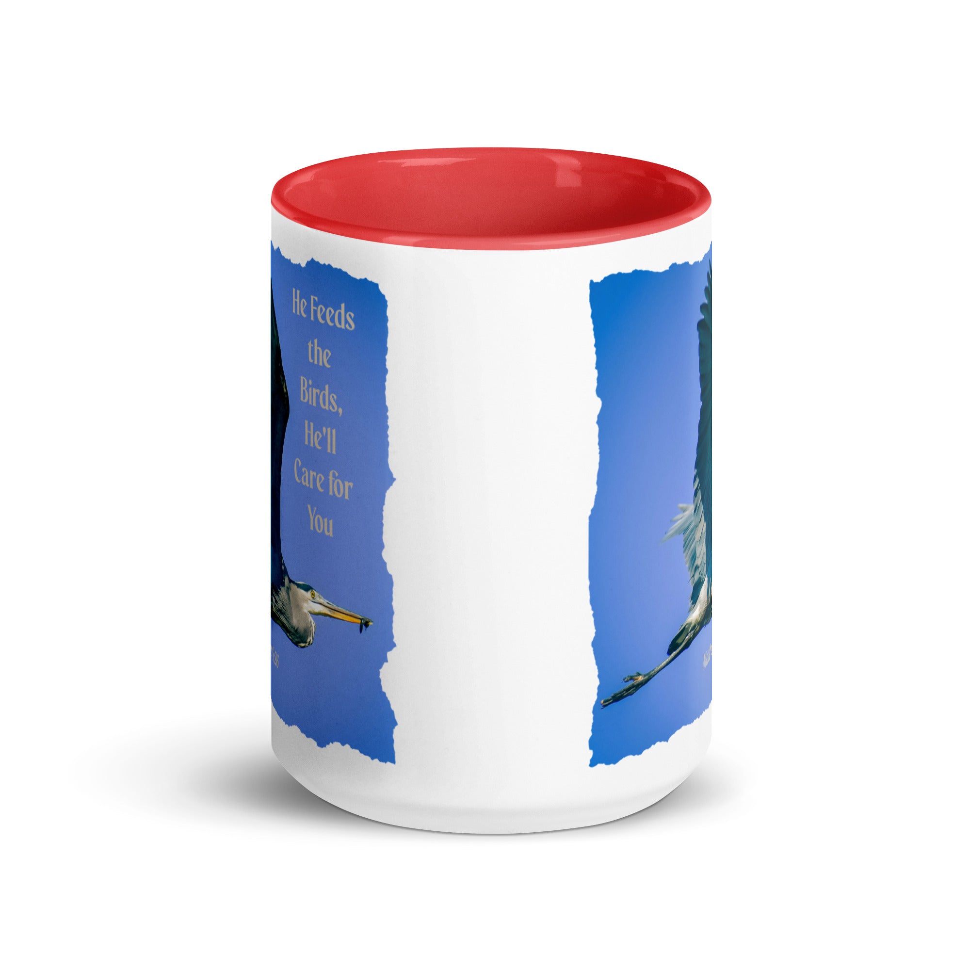 Matthew 6:26 Graceful Heron, He'll Care for You White Ceramic Mug with Color Inside