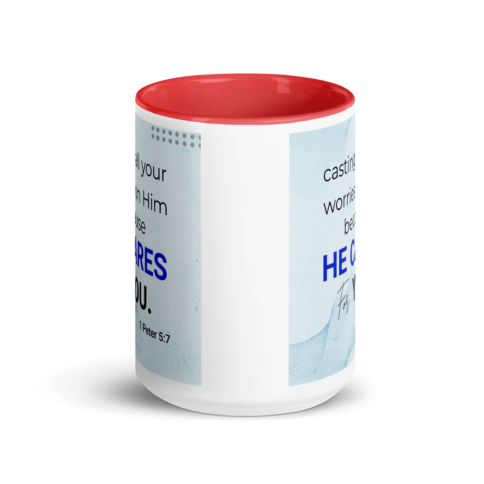 1 Peter 5:7 Bible Verse, casting all your worries on Him White Ceramic Mug with Color Inside