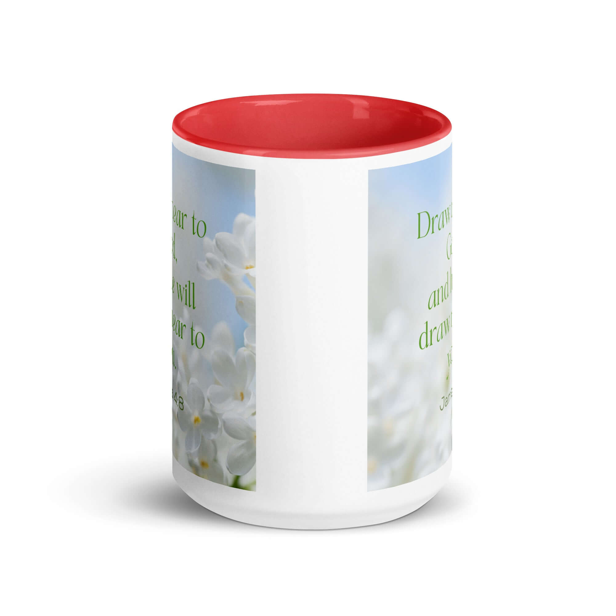 James 4:8 Bible Verse, Draw near White Ceramic Mug with Color Inside
