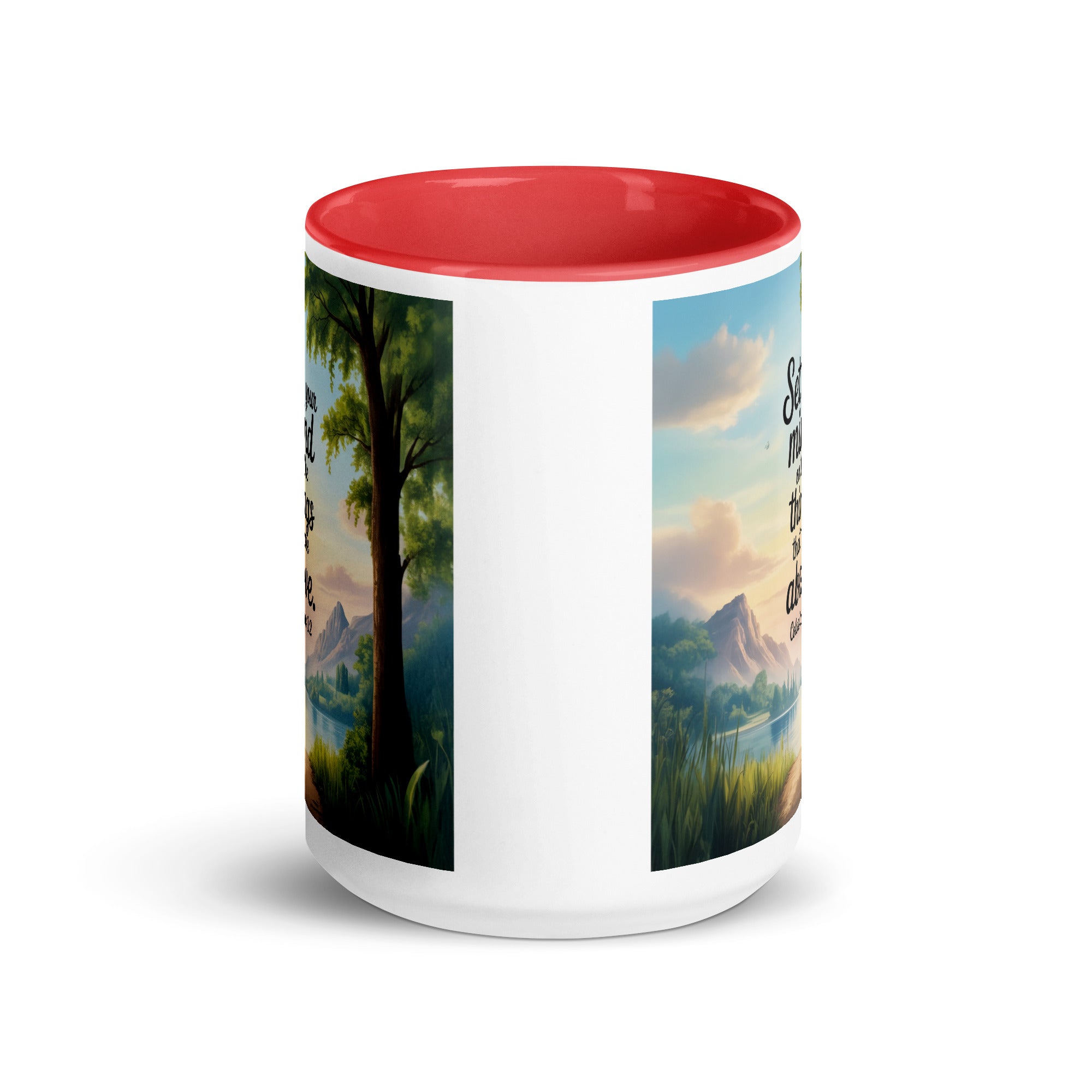 Colossians 3:2 Bible Verse Set White Ceramic Mug with Color Inside