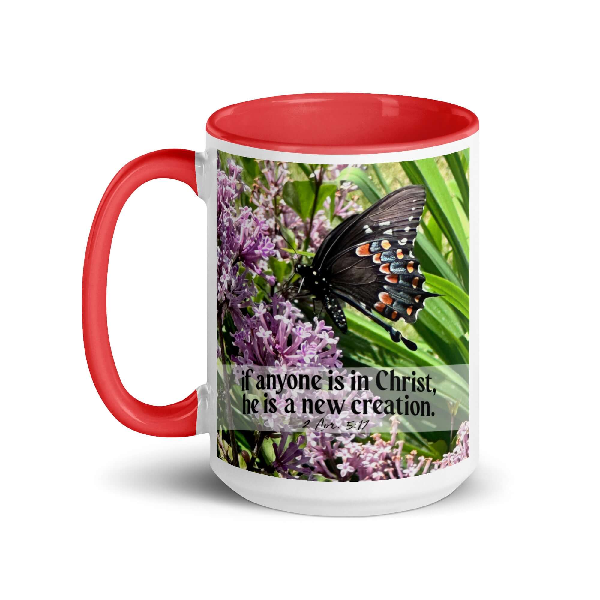 2 Corinthians 5:17 Bible Verse, Butterfly White Ceramic Mug with Color Inside