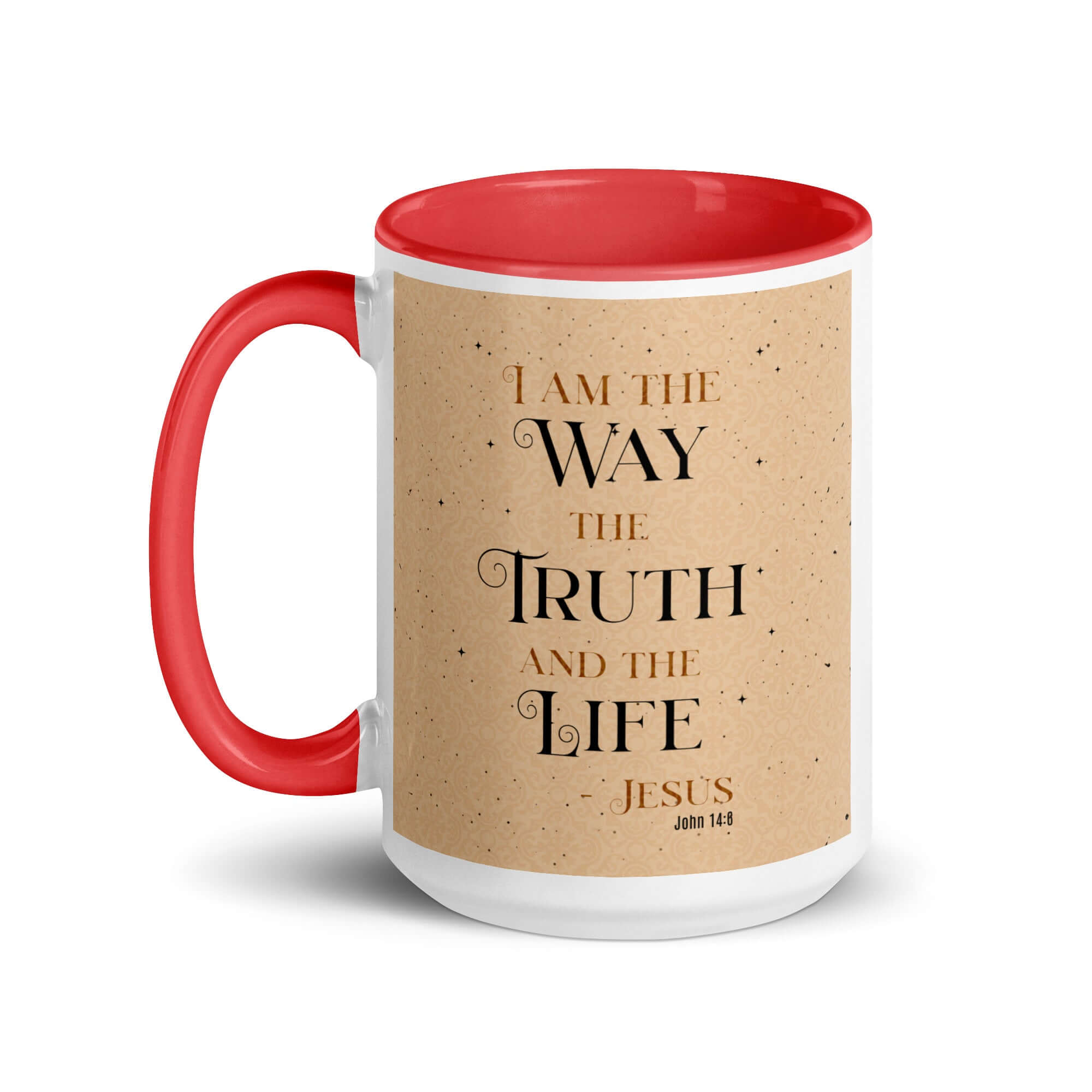 John 14:6 Bible Verse, Color Text Brown Background White Ceramic Mug with Color Inside