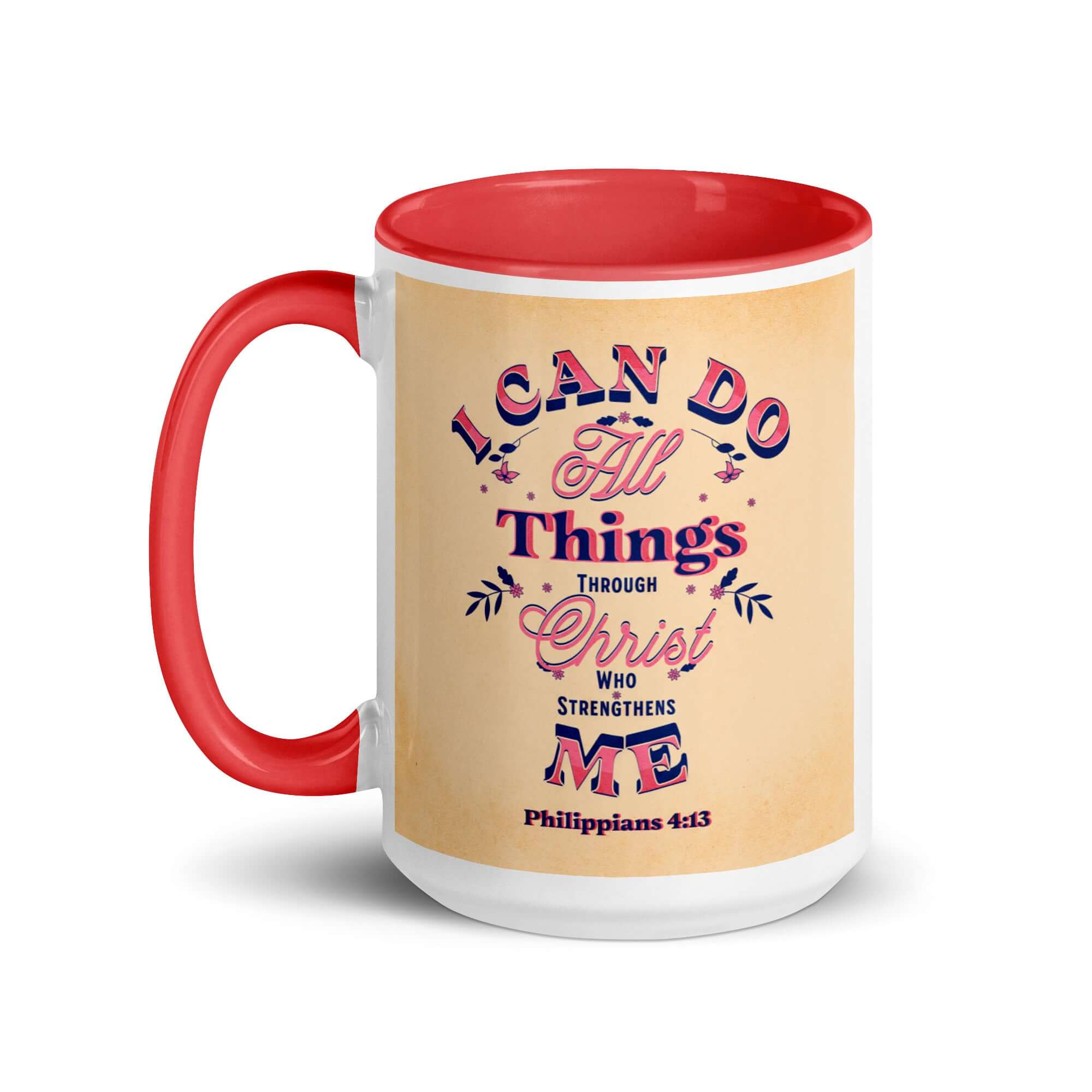 Philippians 4:13 Bible Verse, Christ Strengthens Me White Ceramic Mug with Color Inside