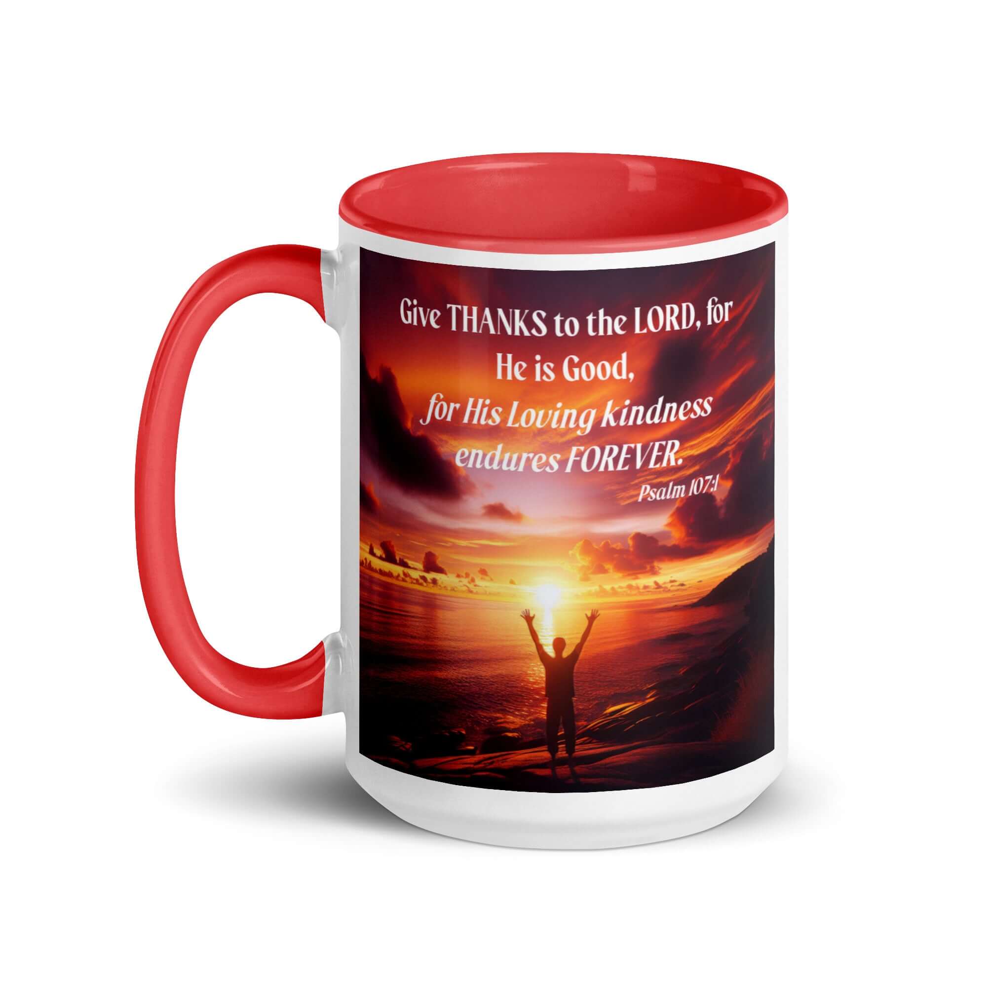 Psalm 107:1 Bible Verse, Give Thanks to the Lord White Ceramic Mug with Color Inside