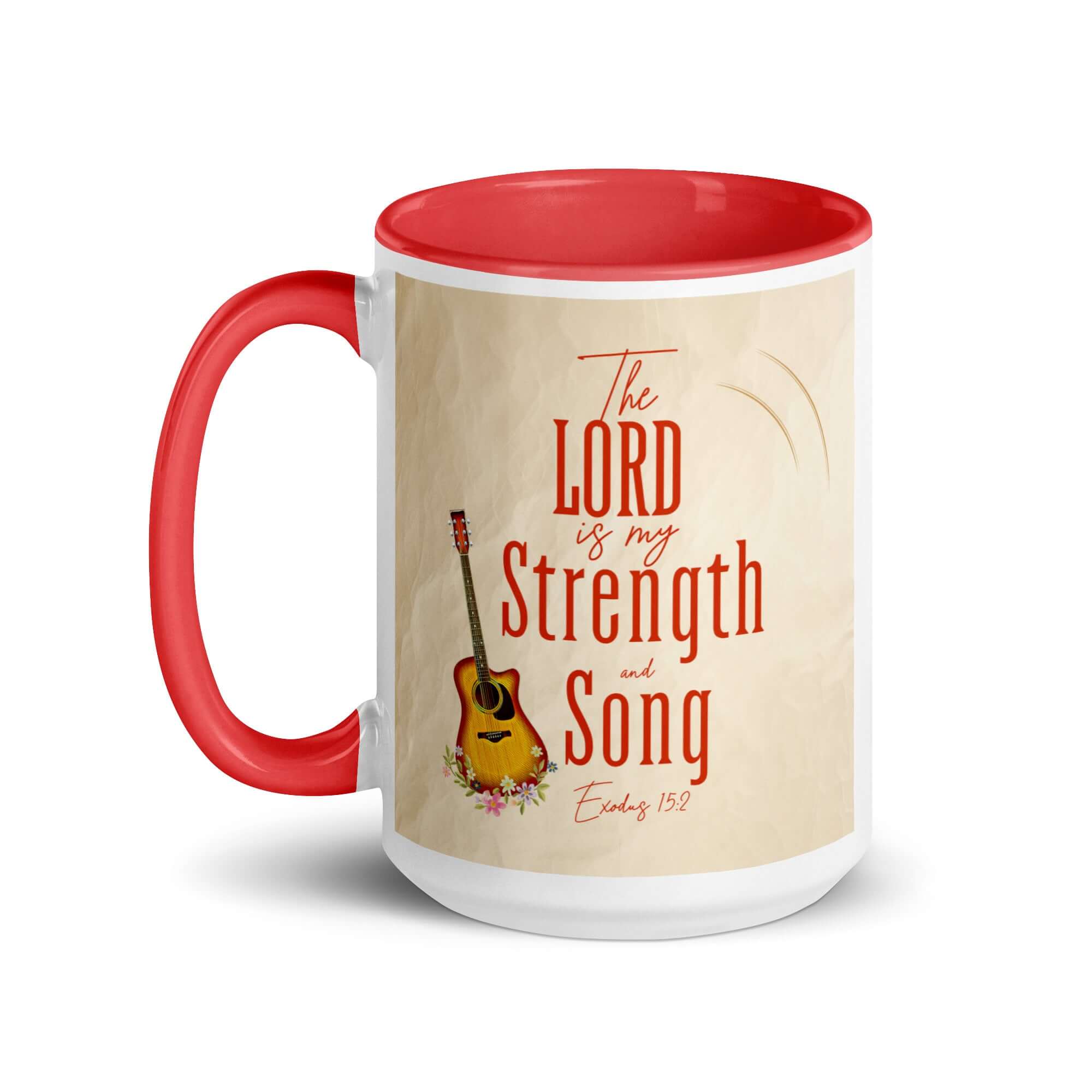 Exodus 15:2 Bible Verse, The LORD is my strength White Ceramic Mug with Color Inside