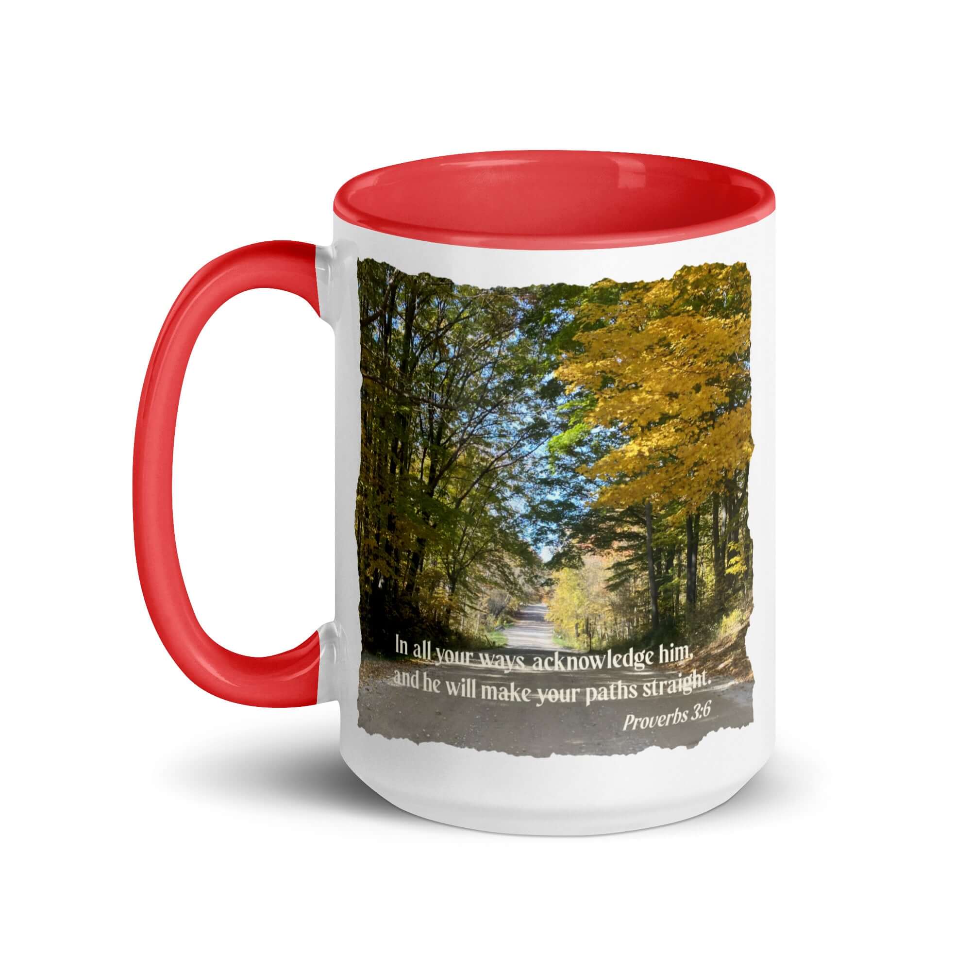 Proverbs 3:6 Bible Verse, Fall Road White Ceramic Mug with Color Inside