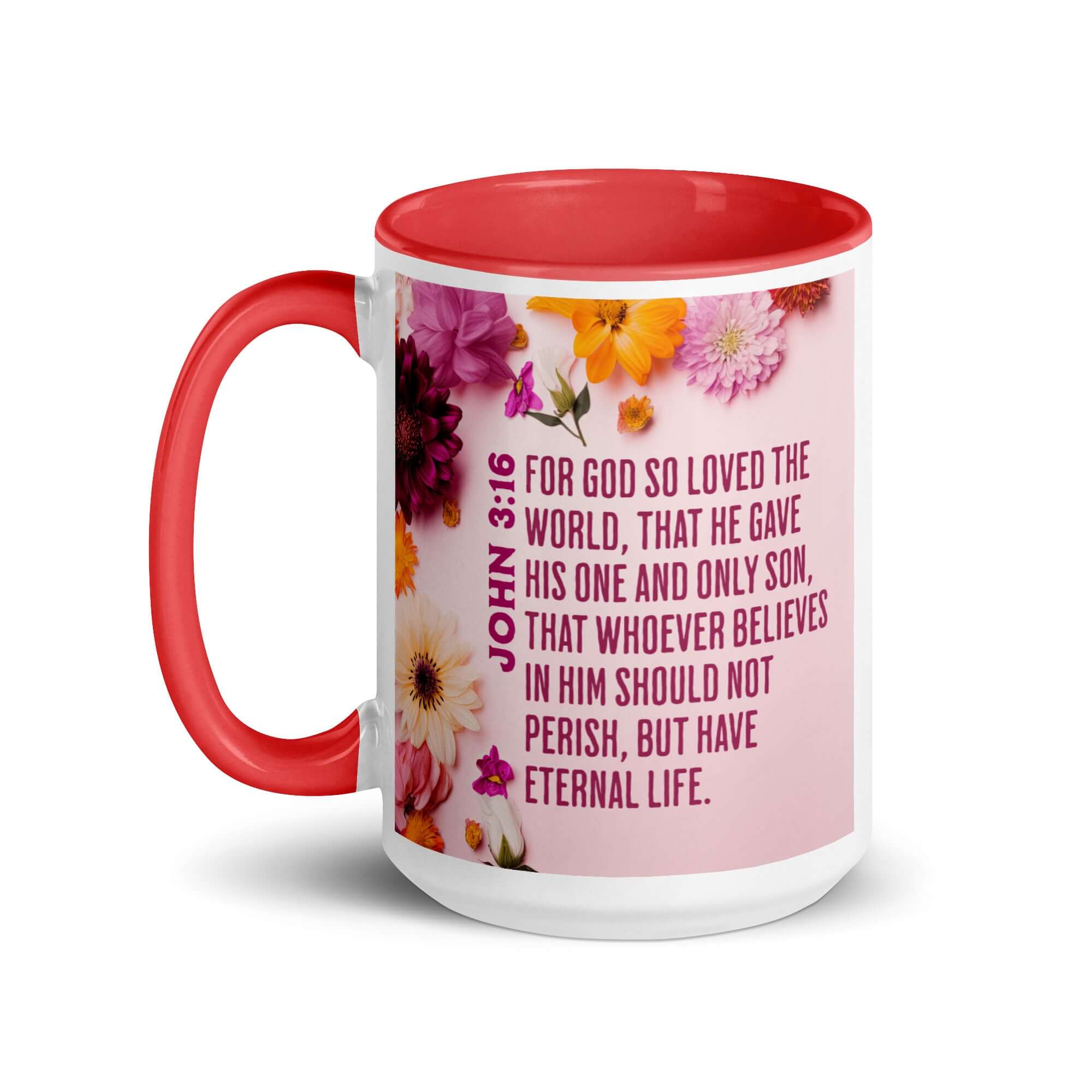 John 3:16 Bible Verse, For God So Loved White Ceramic Mug with Color Inside