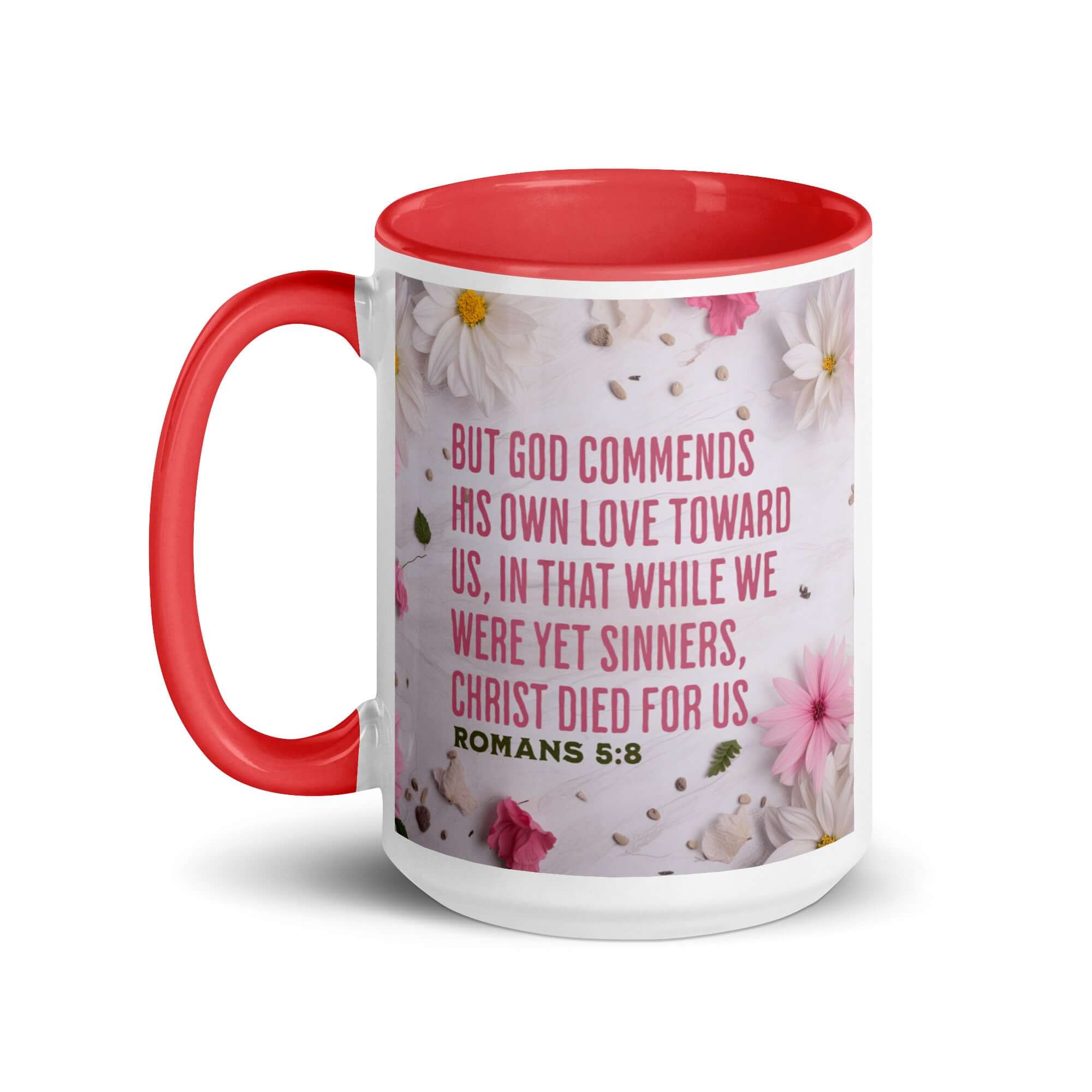 Romans 5:8 Bible Verse, Christ Died for Us White Ceramic Mug with Color Inside
