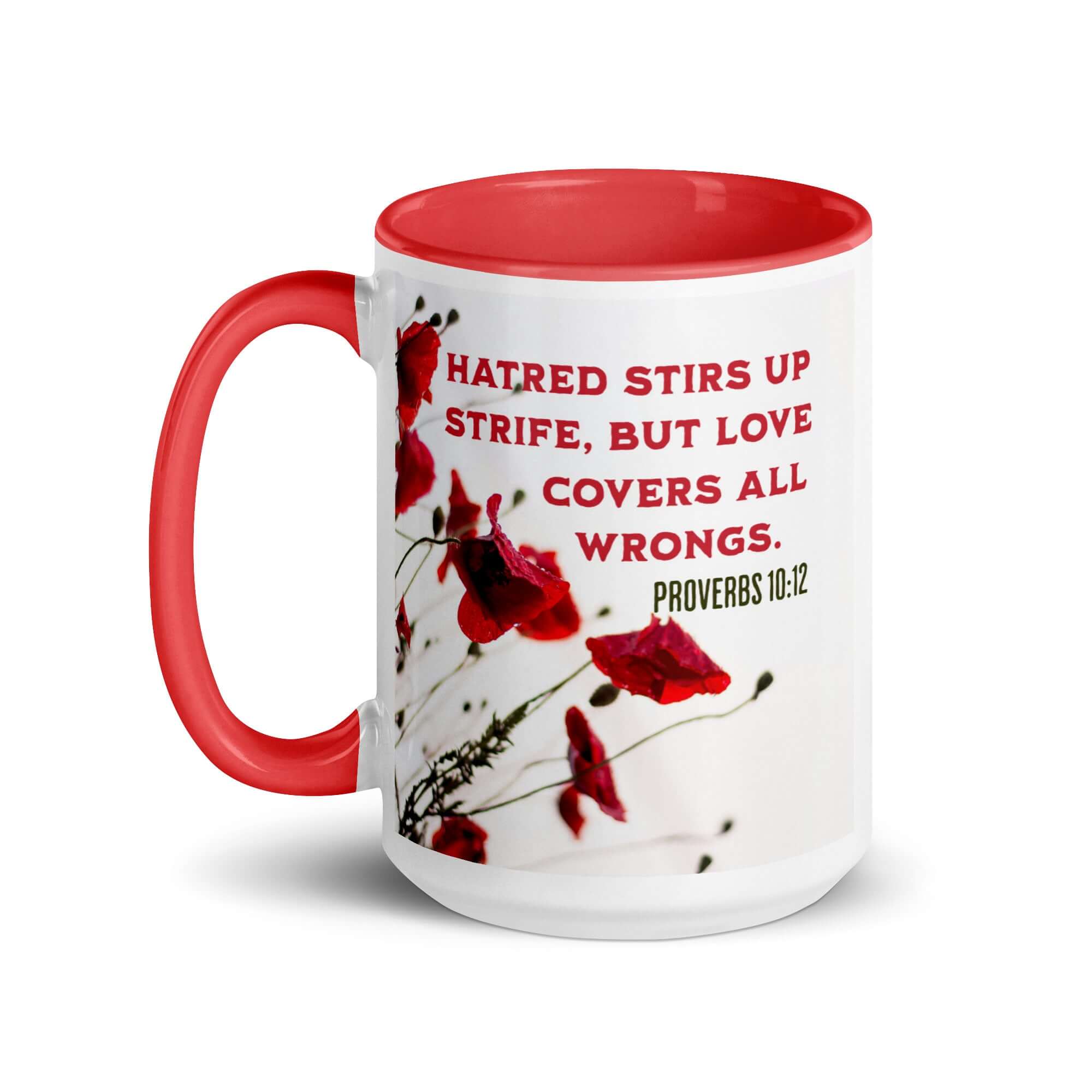 Proverbs 10:12 Bible Verse, Love Covers All White Ceramic Mug with Color Inside
