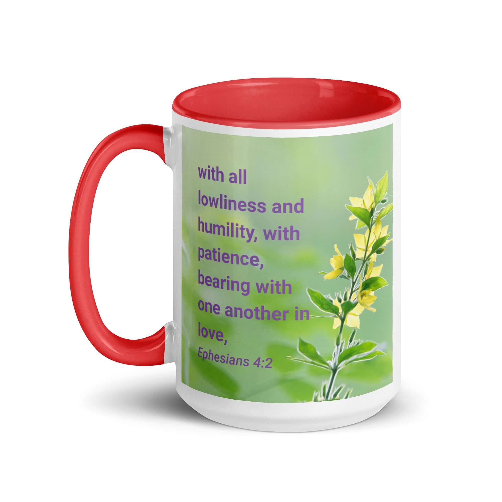 Ephesians 4:2 Bible Verse, one another in love White Ceramic Mug with Color Inside