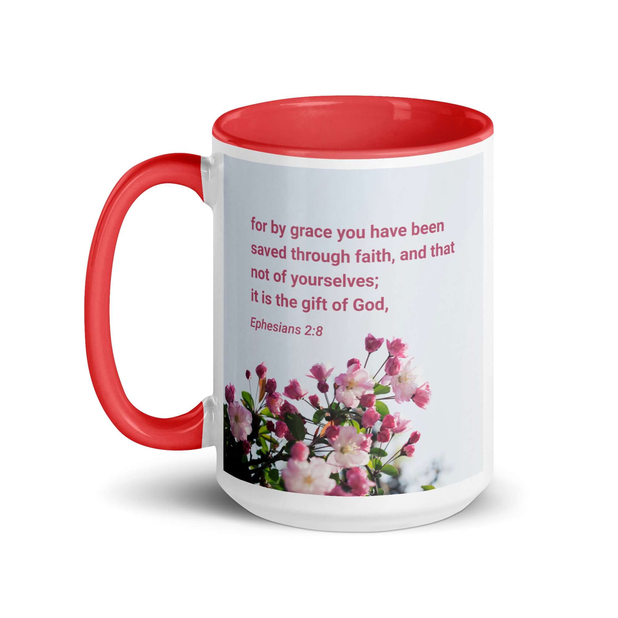 Ephesians 2:8 Bible Verse, saved through faith White Ceramic Mug with Color Inside