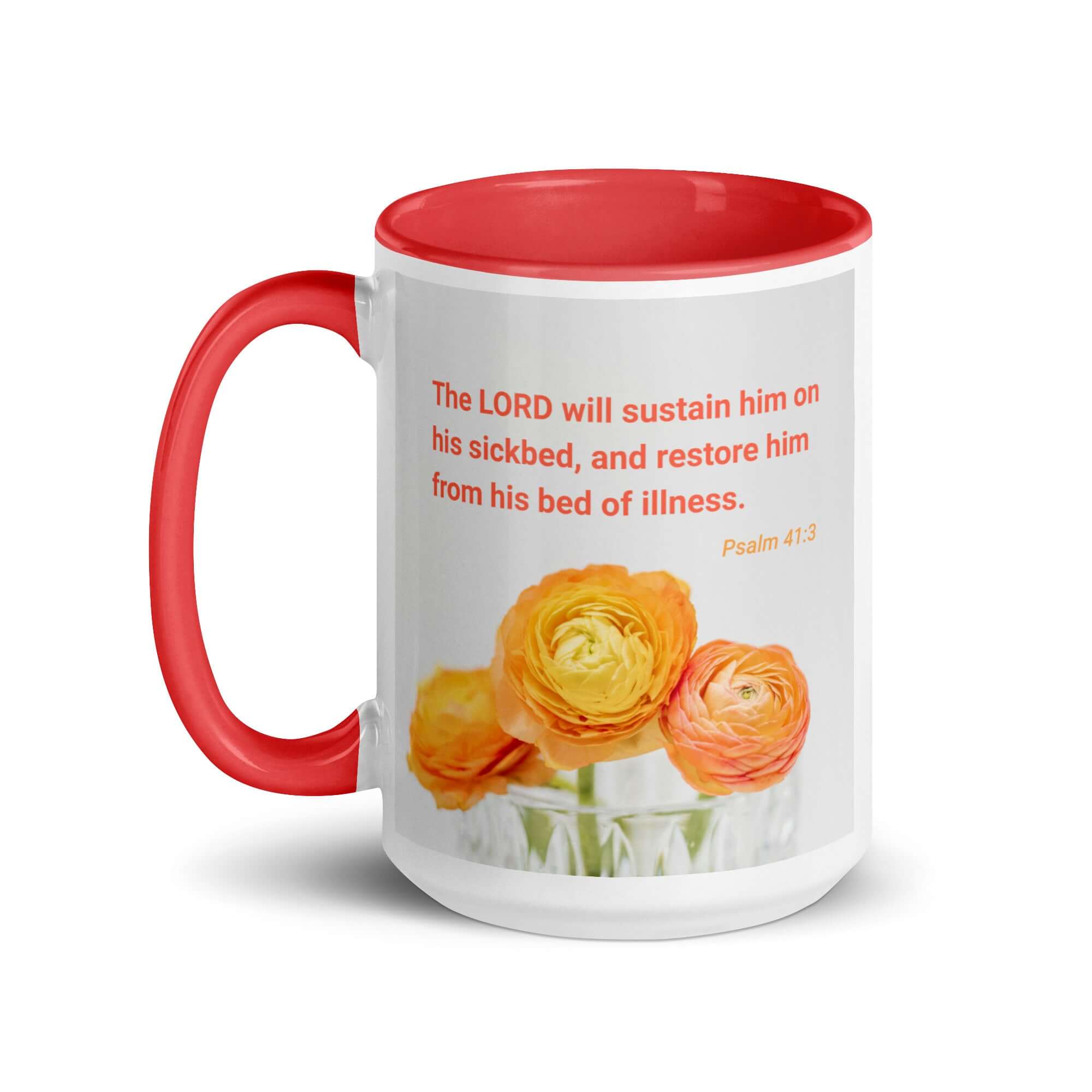 Psalm 41:3 Bible Verse, LORD will sustain White Ceramic Mug with Color Inside
