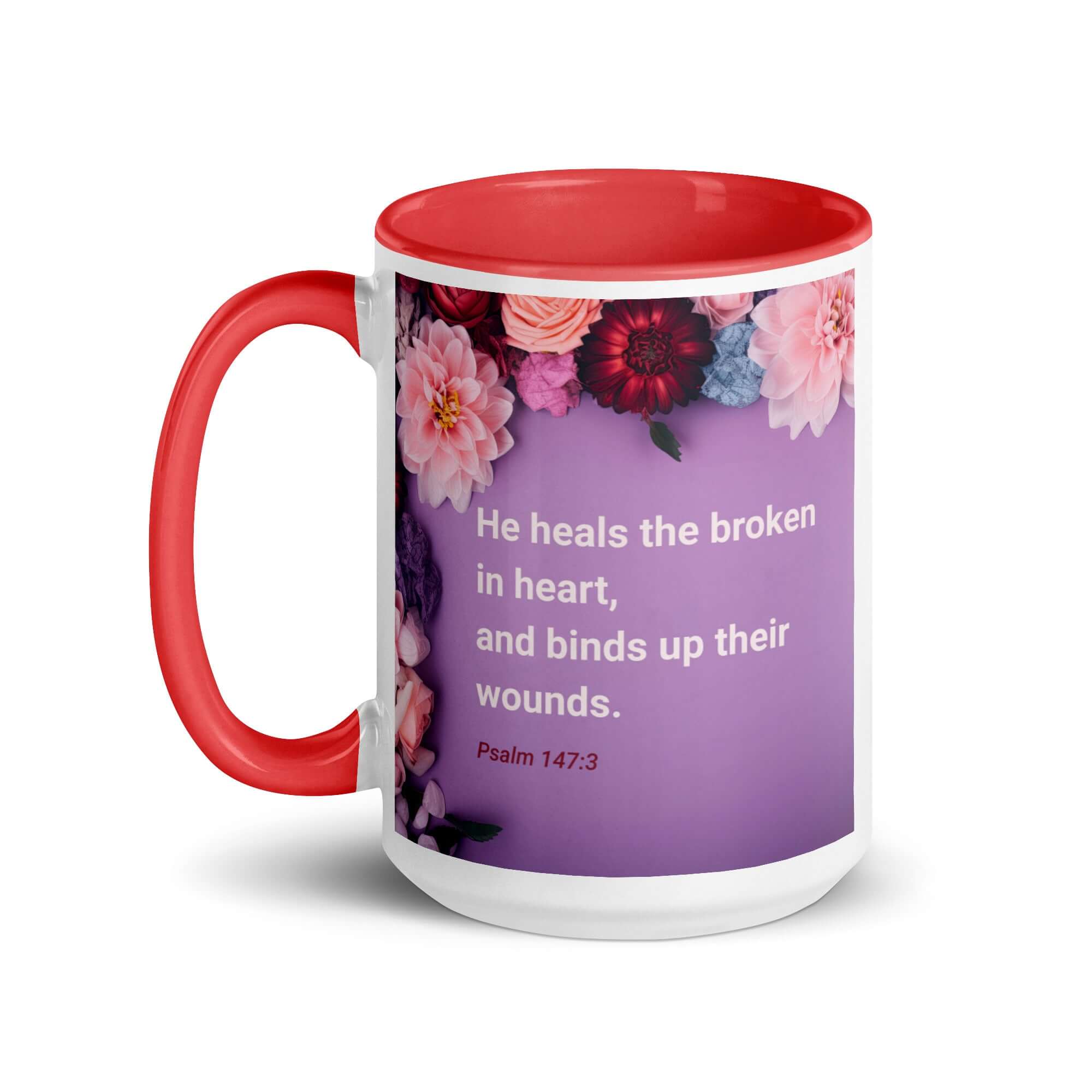 Psalm 147:3 Bible Verse, He heals the broken White Ceramic Mug with Color Inside