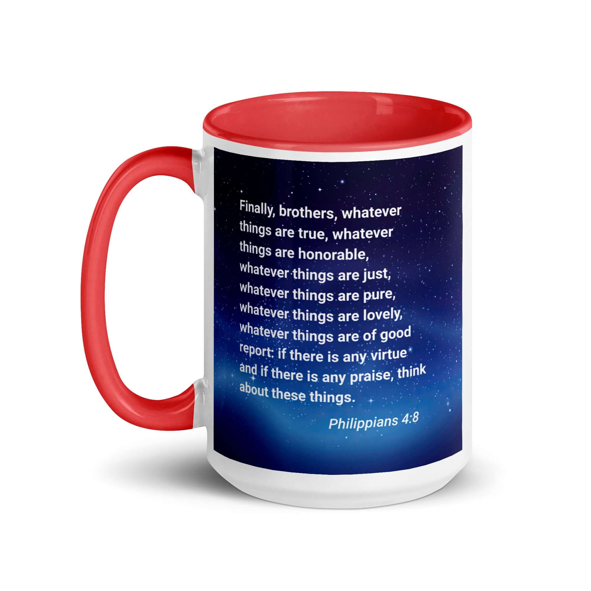 Philippians 4:8 Bible Verse, Think these things White Ceramic Mug with Color Inside