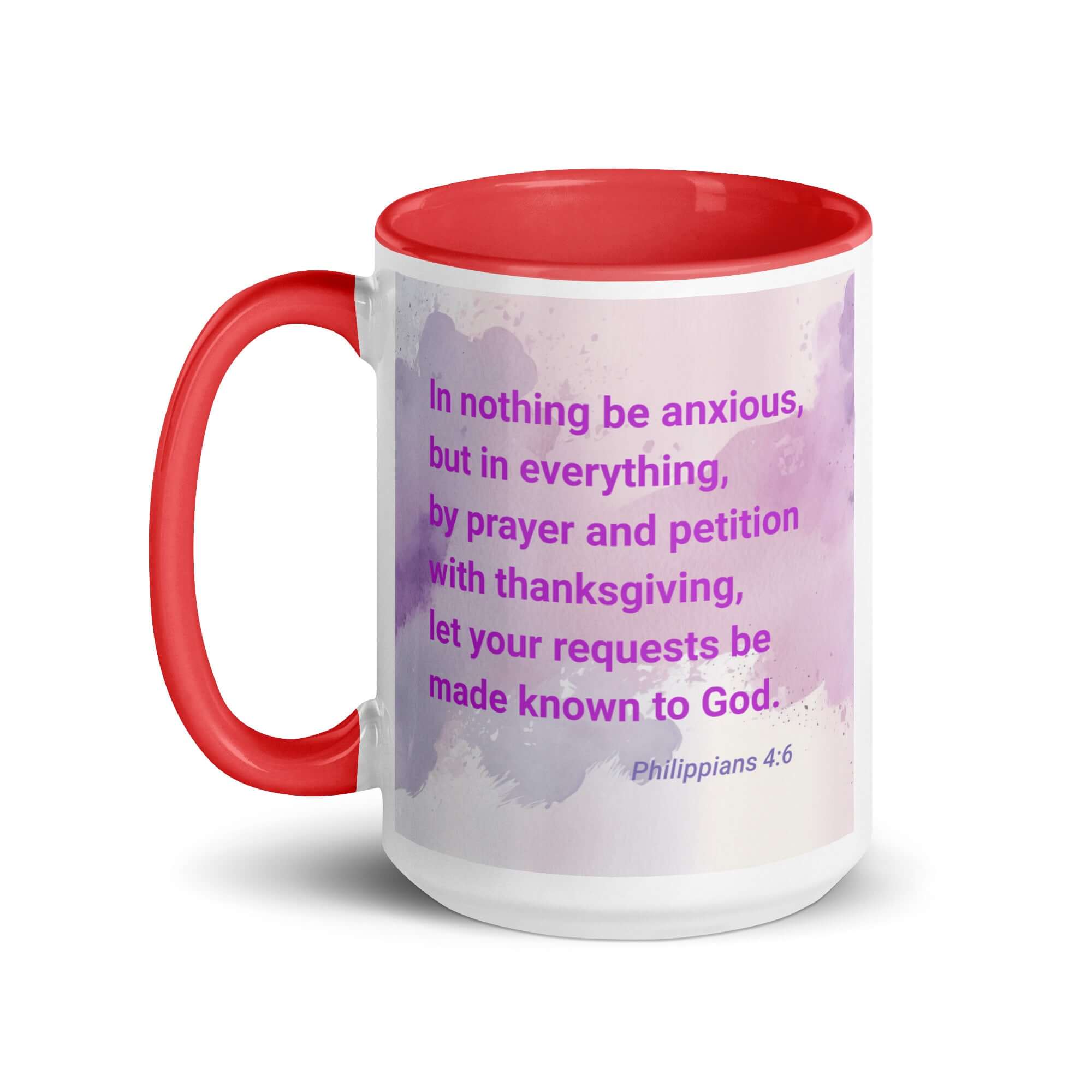 Philippians 4:6 Bible Verse, Prayer and Petition White Ceramic Mug with Color Inside