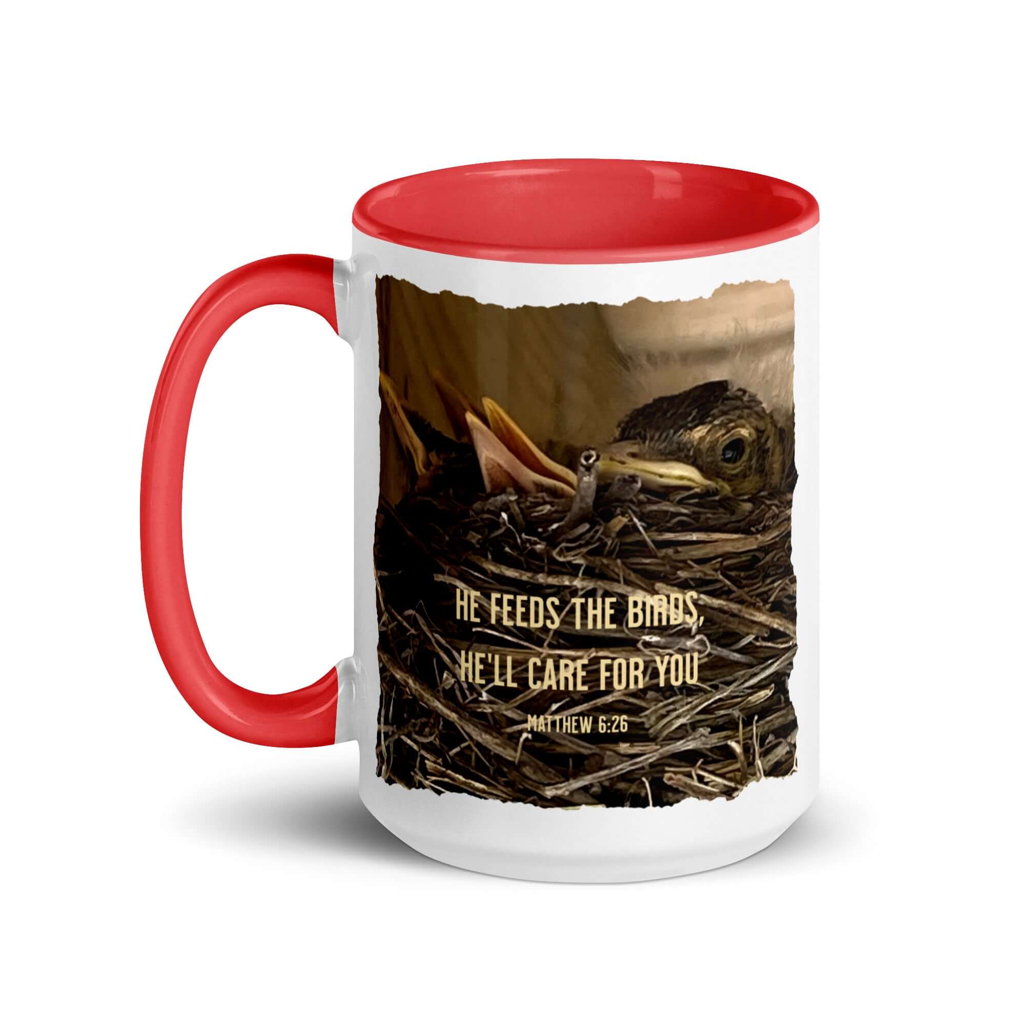 Matthew 6:26 Baby Robins, He'll Care for You White Ceramic Mug with Color Inside