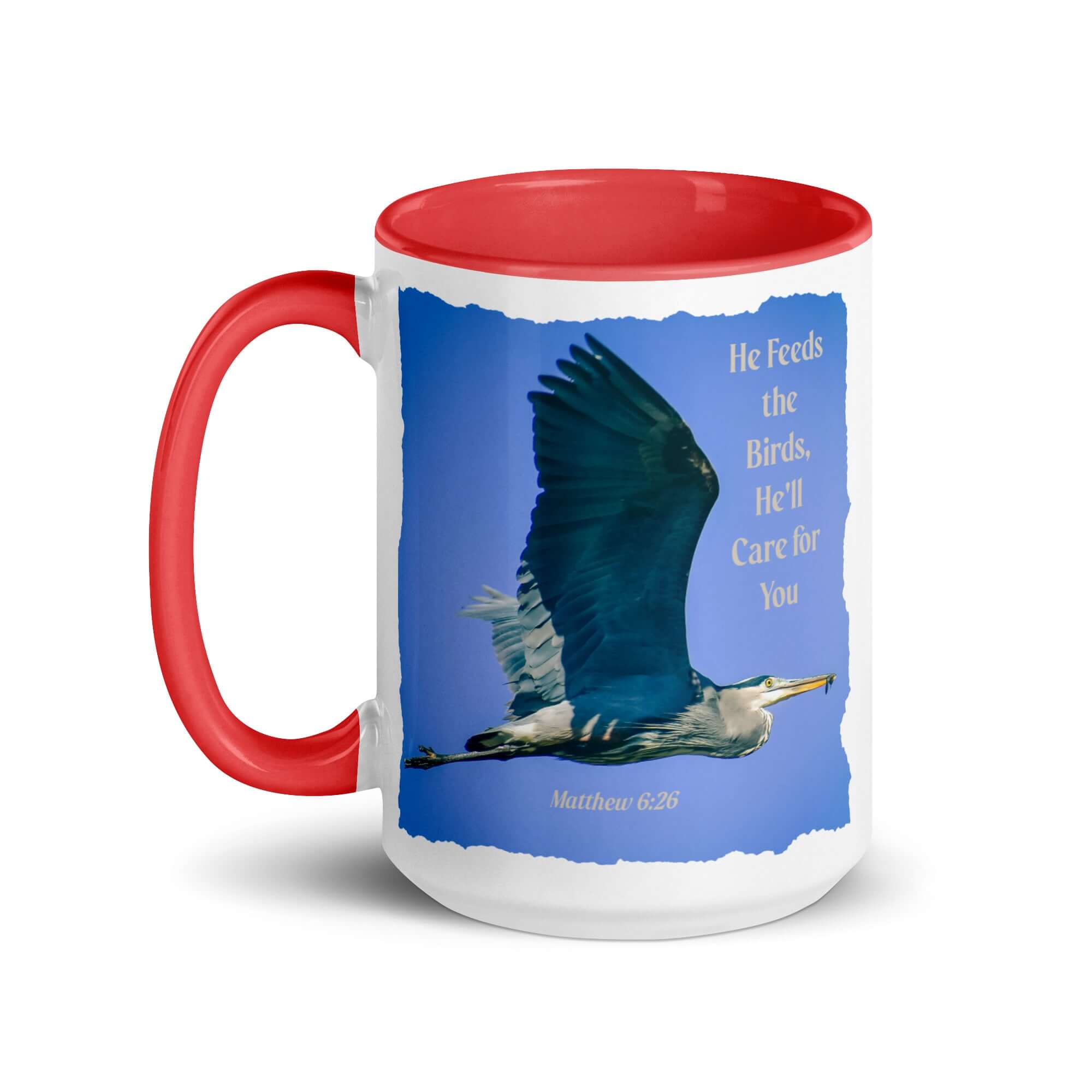 Matthew 6:26 Graceful Heron, He'll Care for You White Ceramic Mug with Color Inside