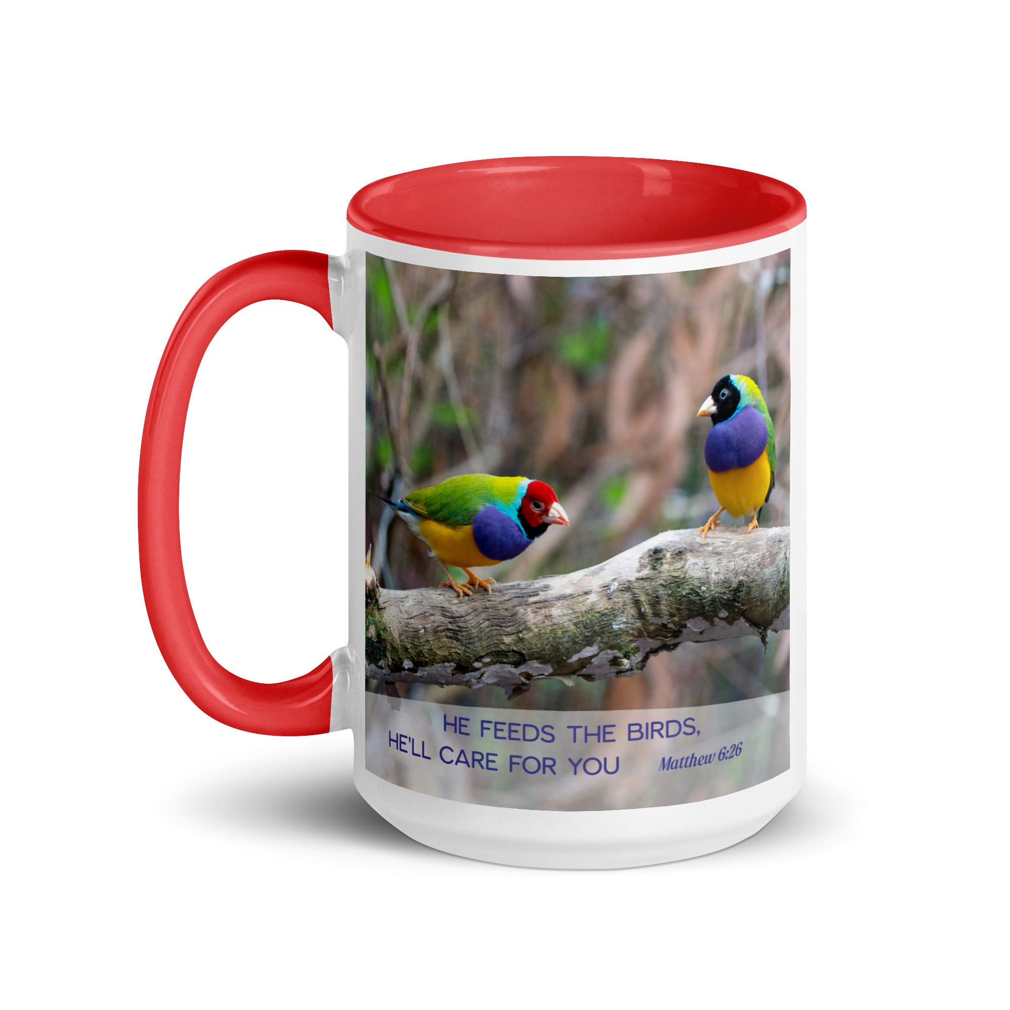 Matthew 6:26 Gouldian Finches, He'll Care for You White Ceramic Mug with Color Inside