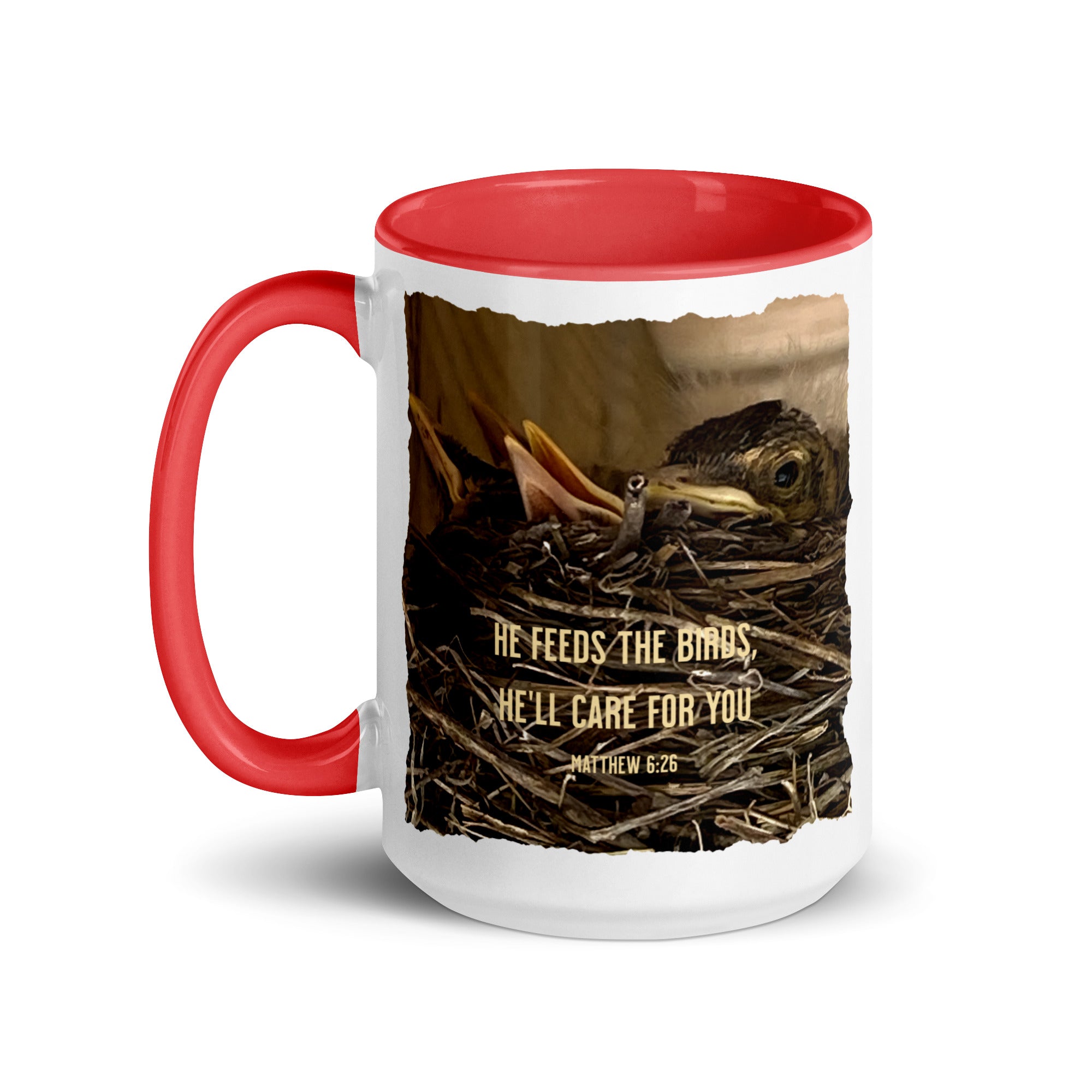 Matthew 6:26 Baby Robins, He'll Care for You White Ceramic Mug with Color Inside