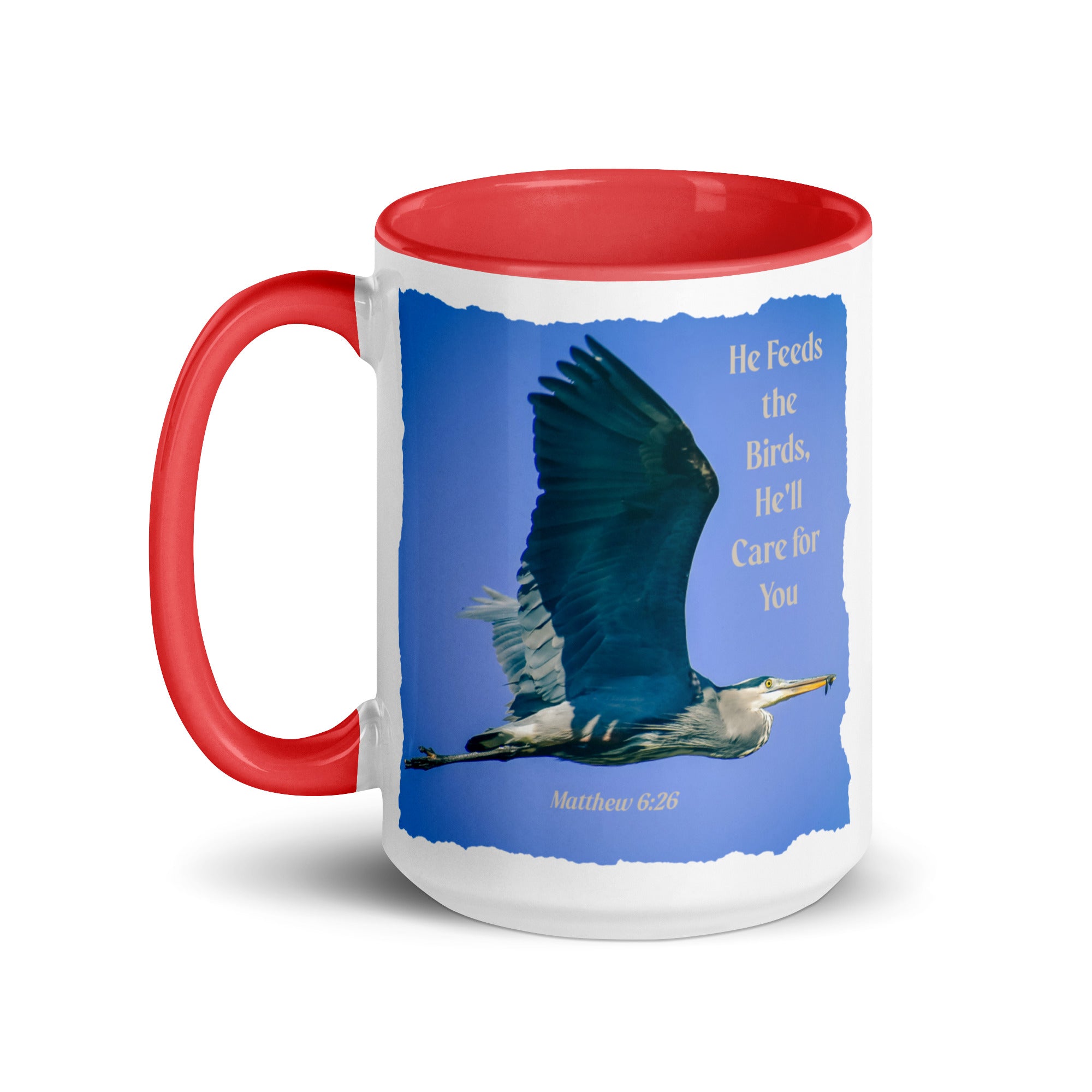 Matthew 6:26 Graceful Heron, He'll Care for You White Ceramic Mug with Color Inside
