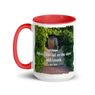 Revelation 3:20 Bible Verse, Garden Doorway White Ceramic Mug with Color Inside
