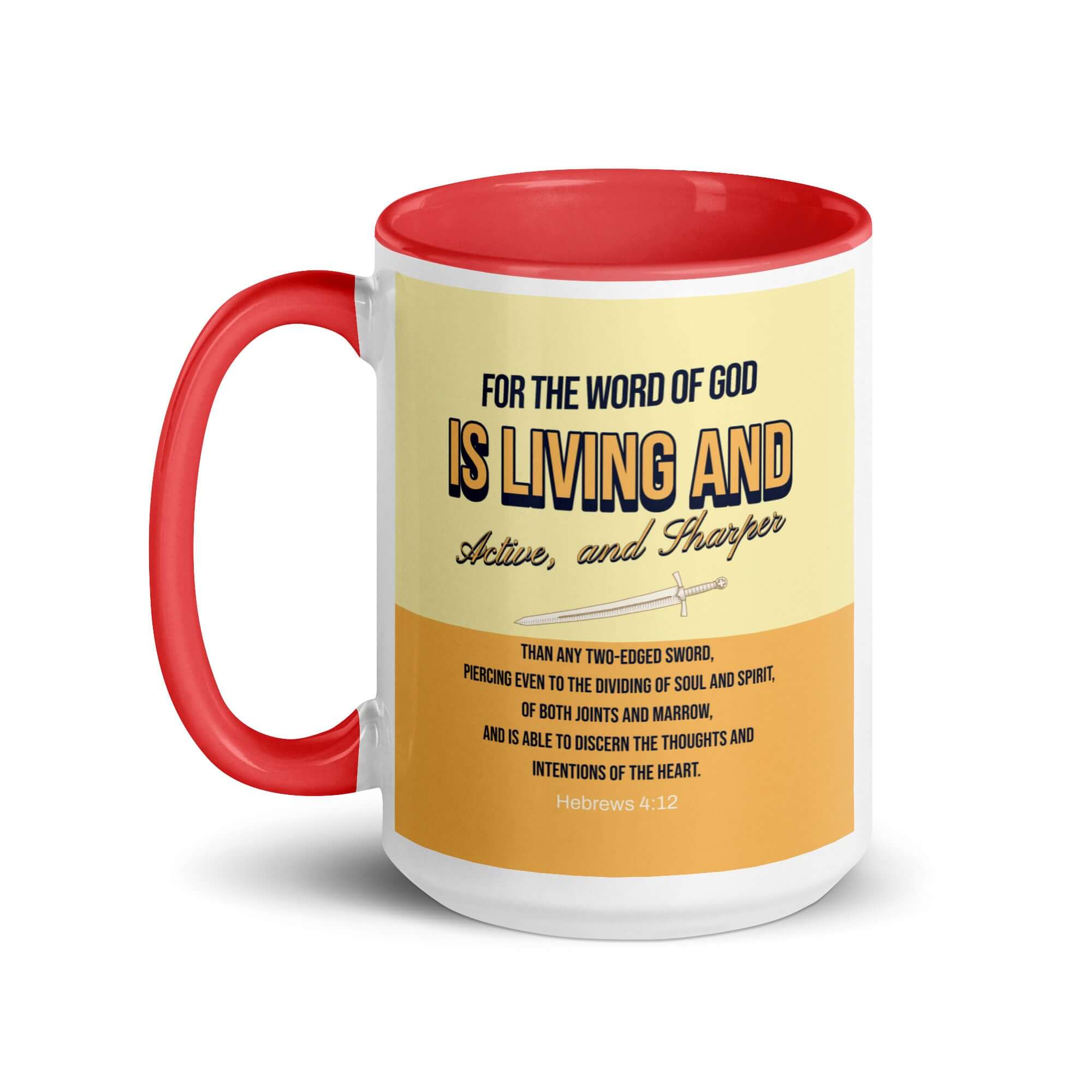 Hebrews 4:12 Bible Verse, living and active White Ceramic Mug with Color Inside