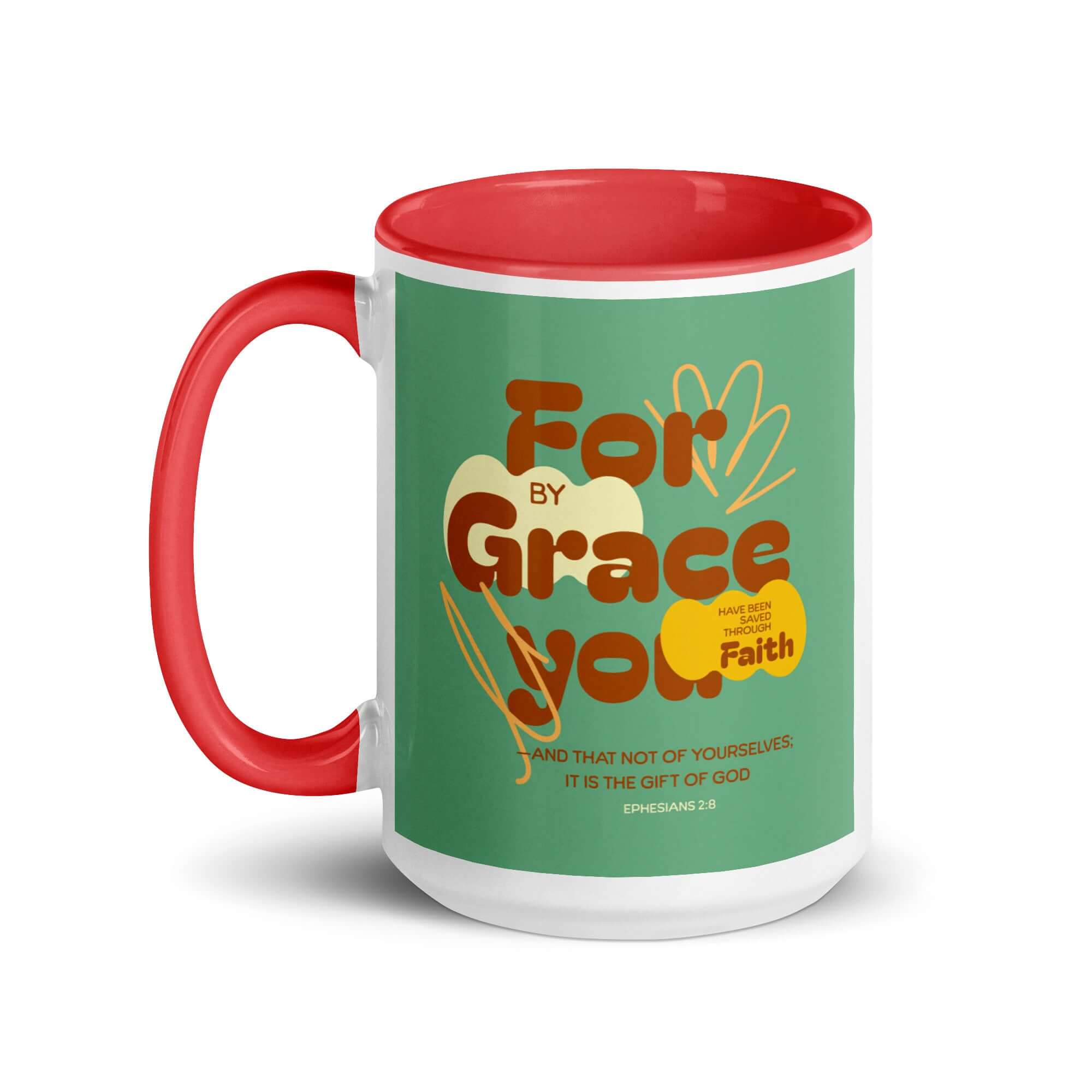 Ephesians 2:8 Bible Verse, for by grace White Ceramic Mug with Color Inside